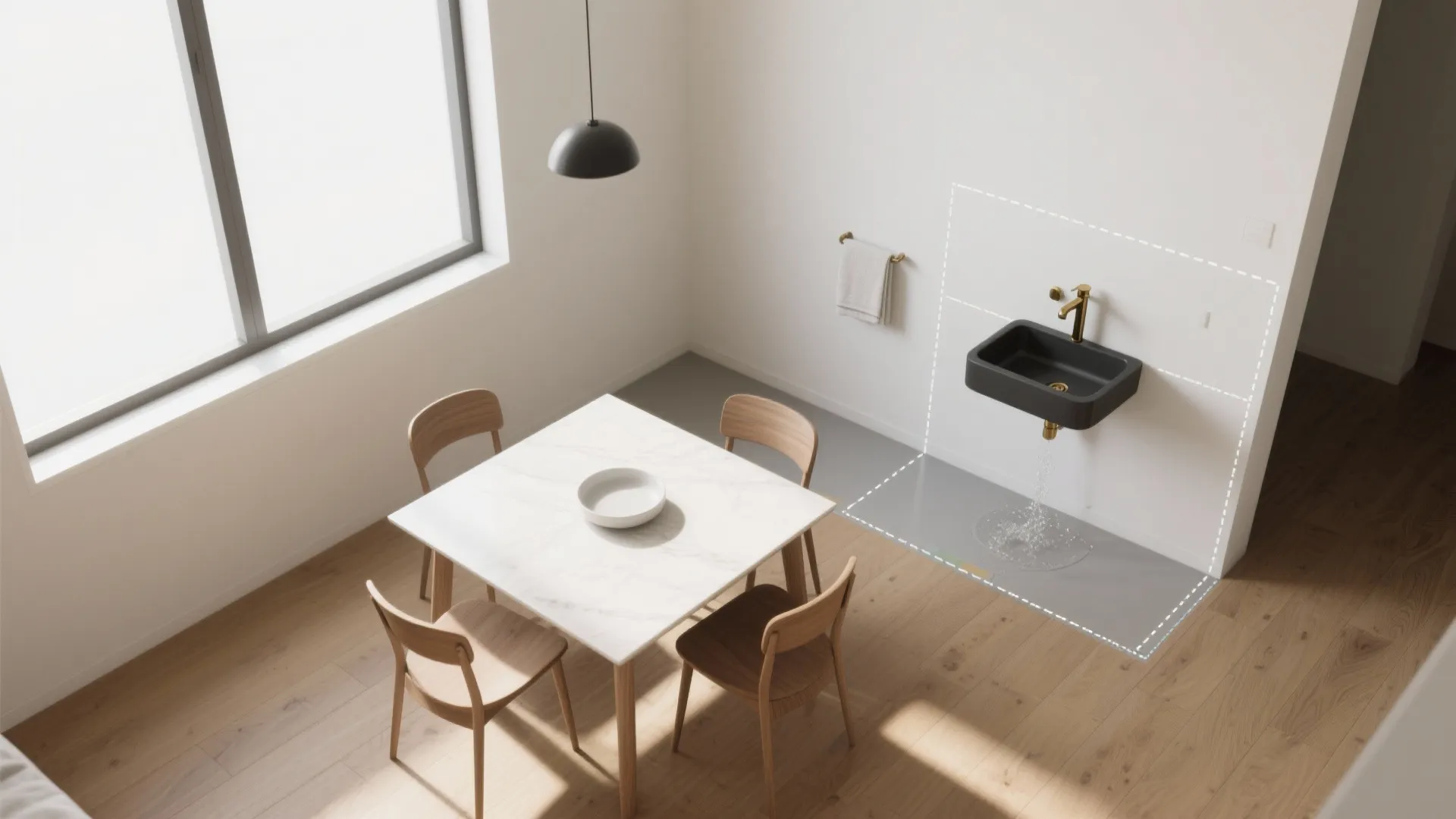 Interior design drawing showing top down view of dining table and black wall mounted sink