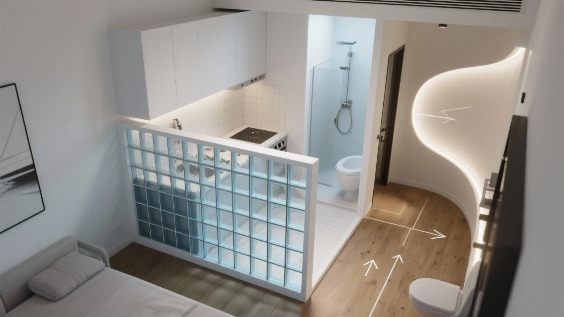 Top-down apartment plan highlighting glass block partition, backsplash, shower wall, clerestory ribbon, and a curved niche.