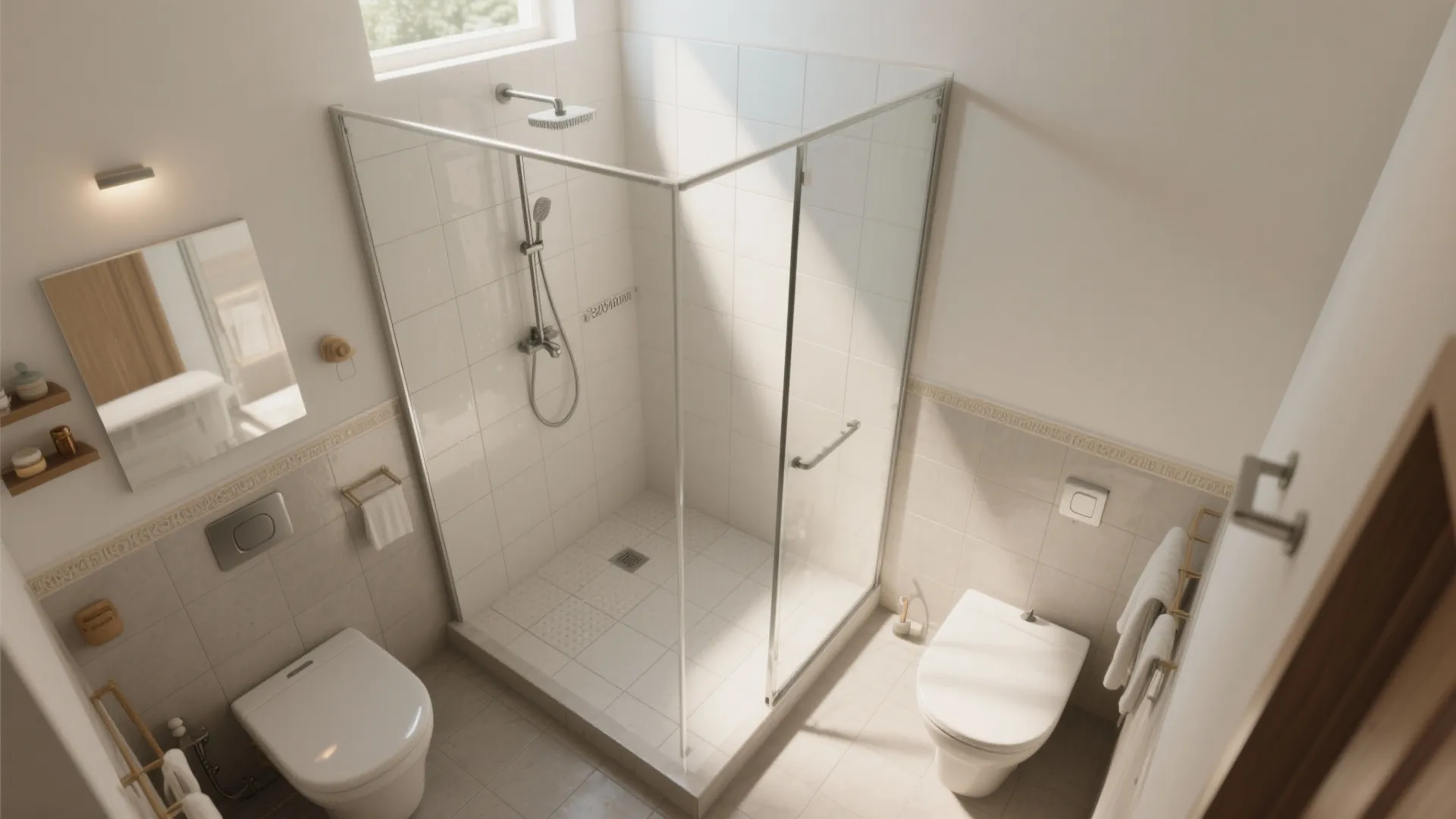 Top-down interior design drawing of a bathroom with glass shower, two toilets, and white tiles