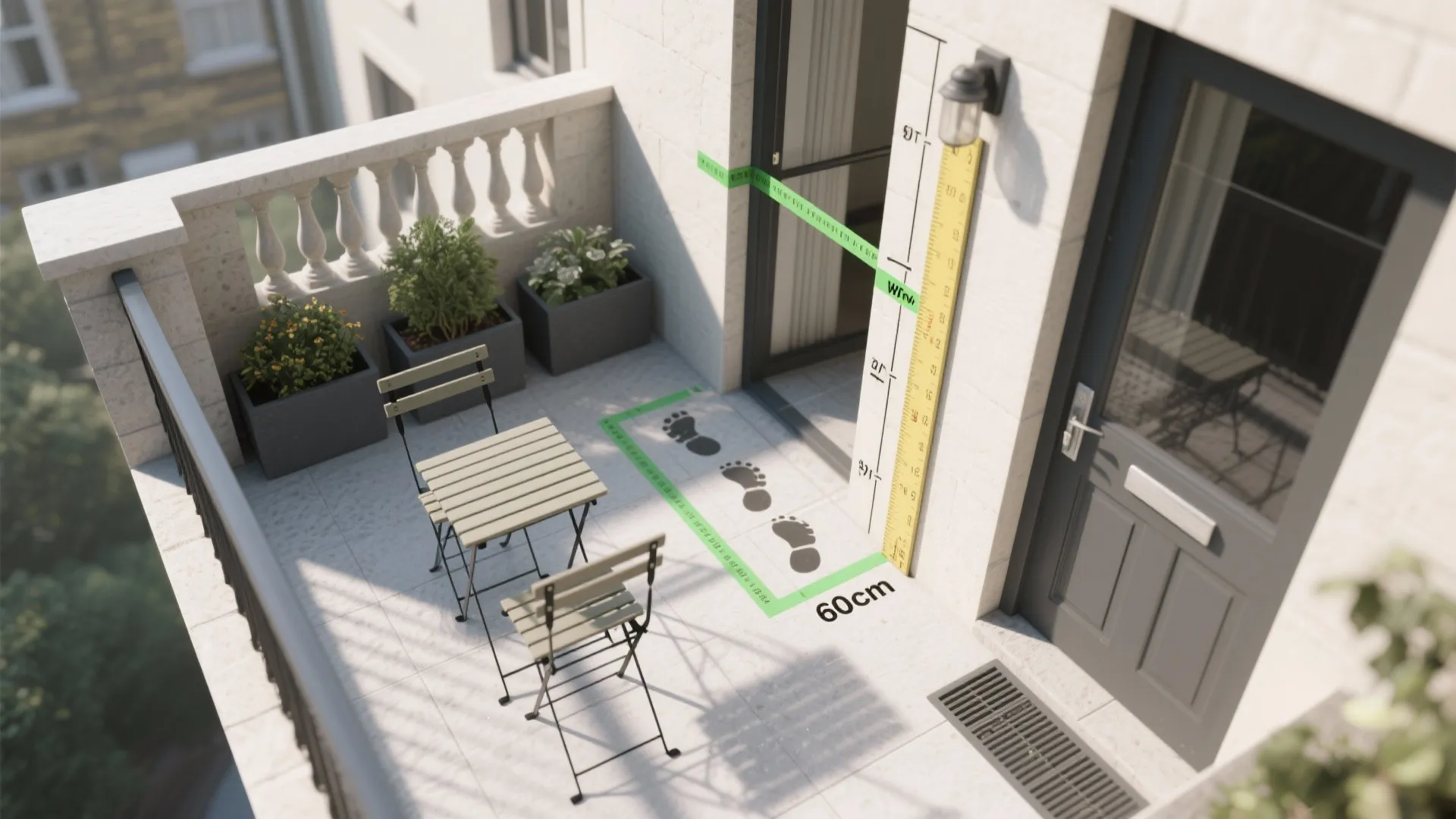 Outdoor balcony design with table and chairs featuring digital measurement tools and a wall ruler