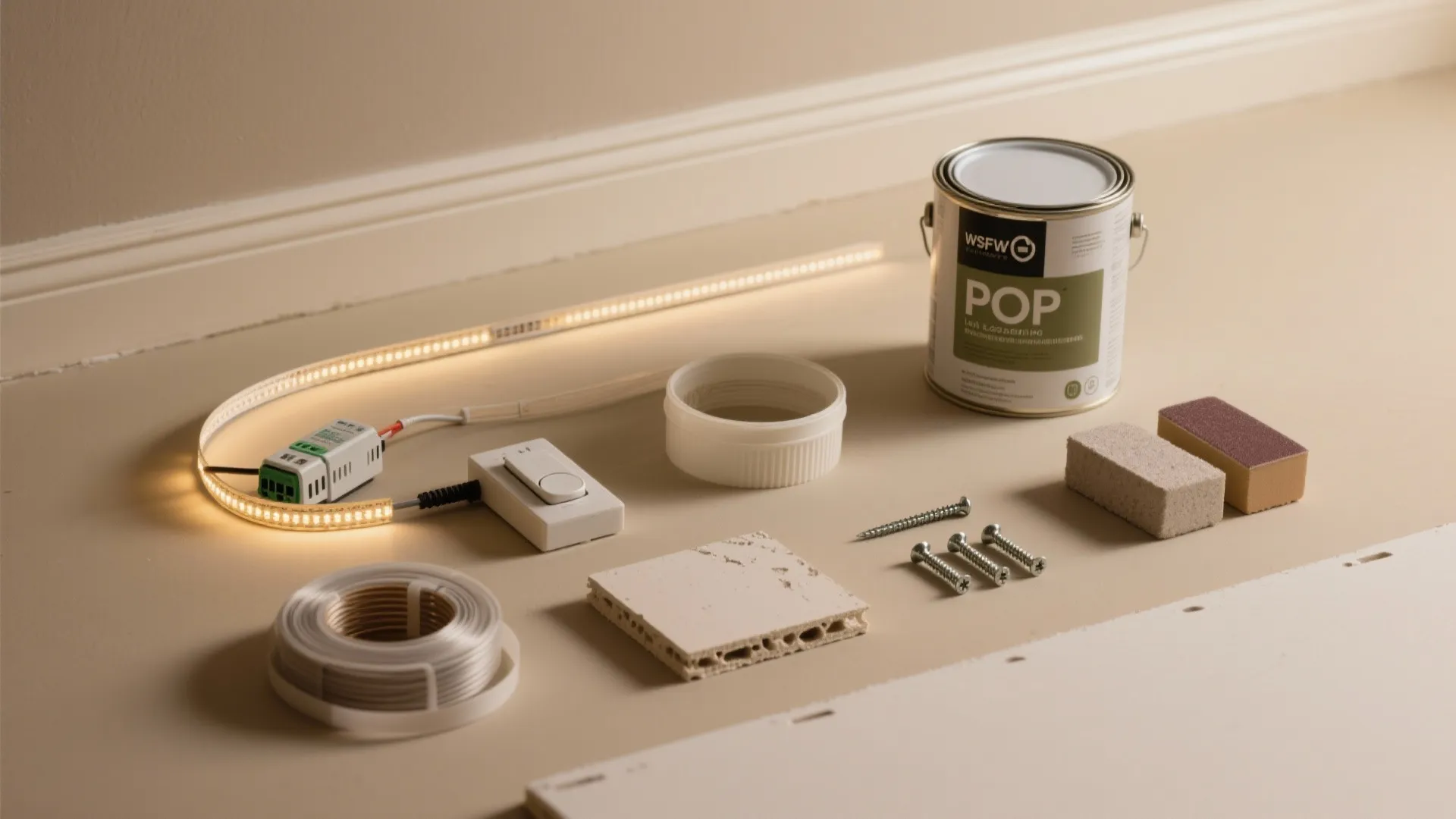 Diy materials including led light strips paint can screws and sanding blocks on beige floor