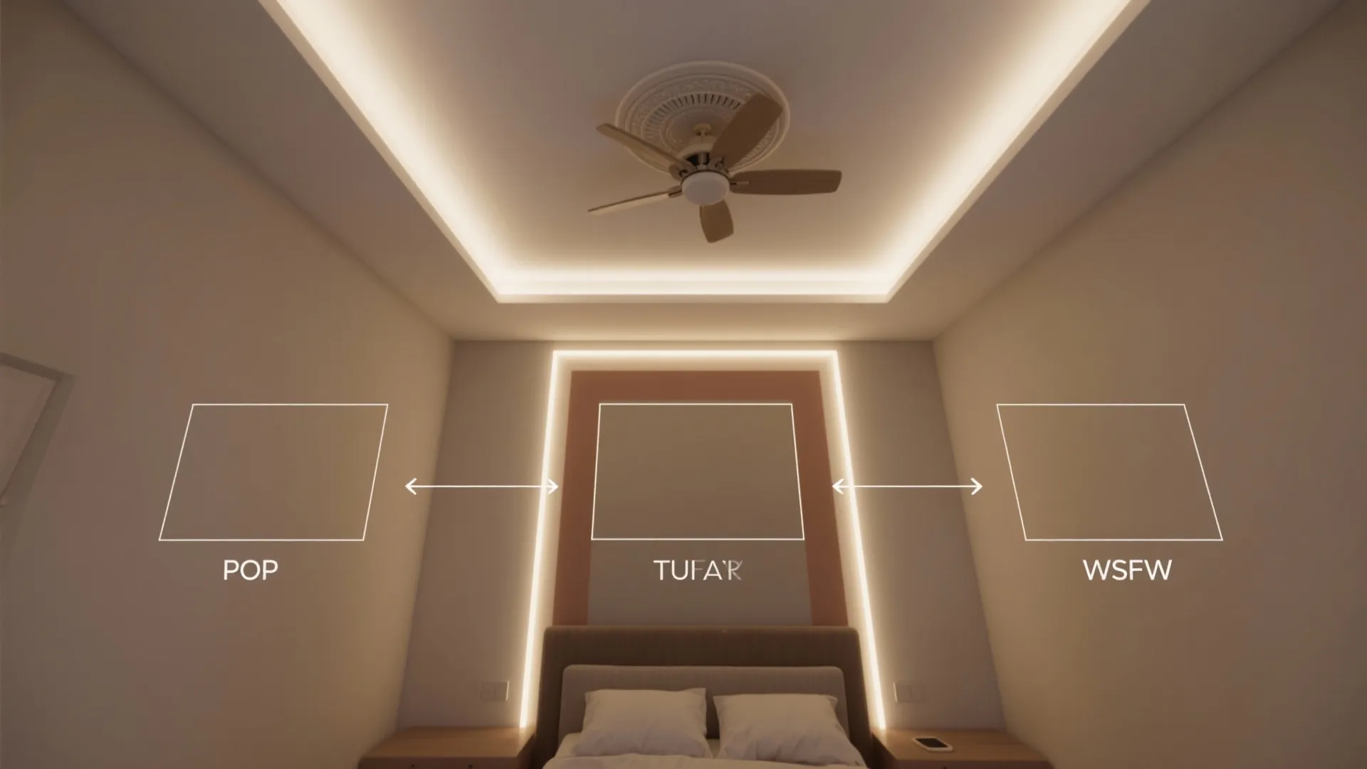 Modern bedroom interior design drawing with ceiling fan light fixture and warm hidden wall light