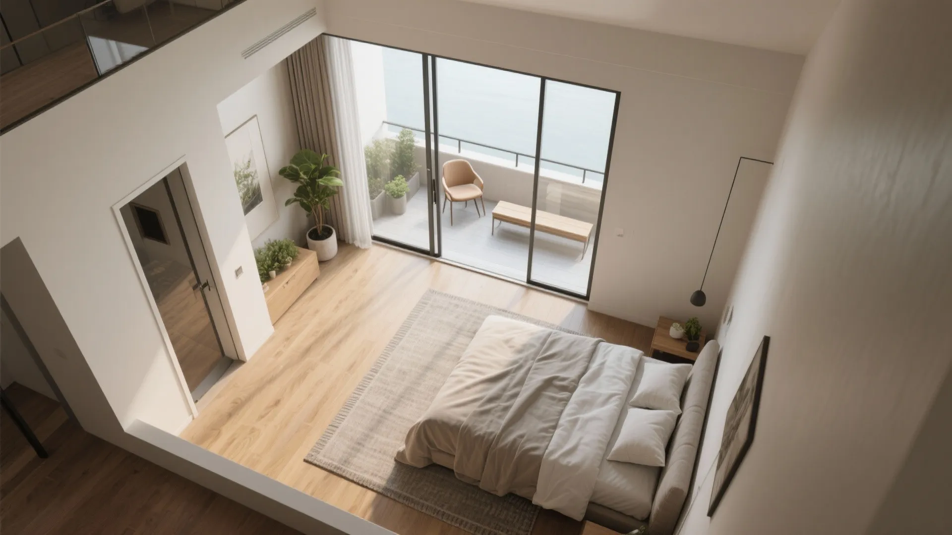 Modern bedroom with wooden floor and balcony view showing bed rug green plants and chair
