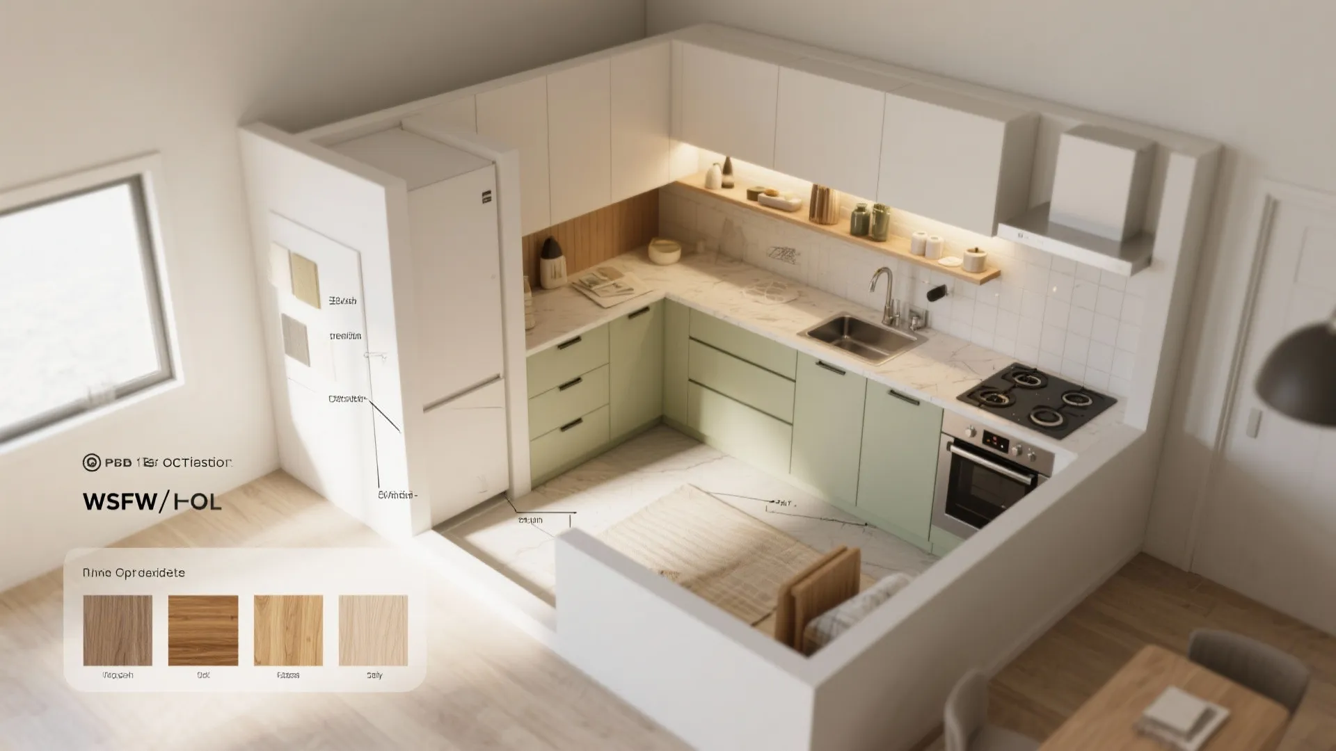 Top down kitchen drawing showing green cabinets white fridge marble counters and wooden floor texture options