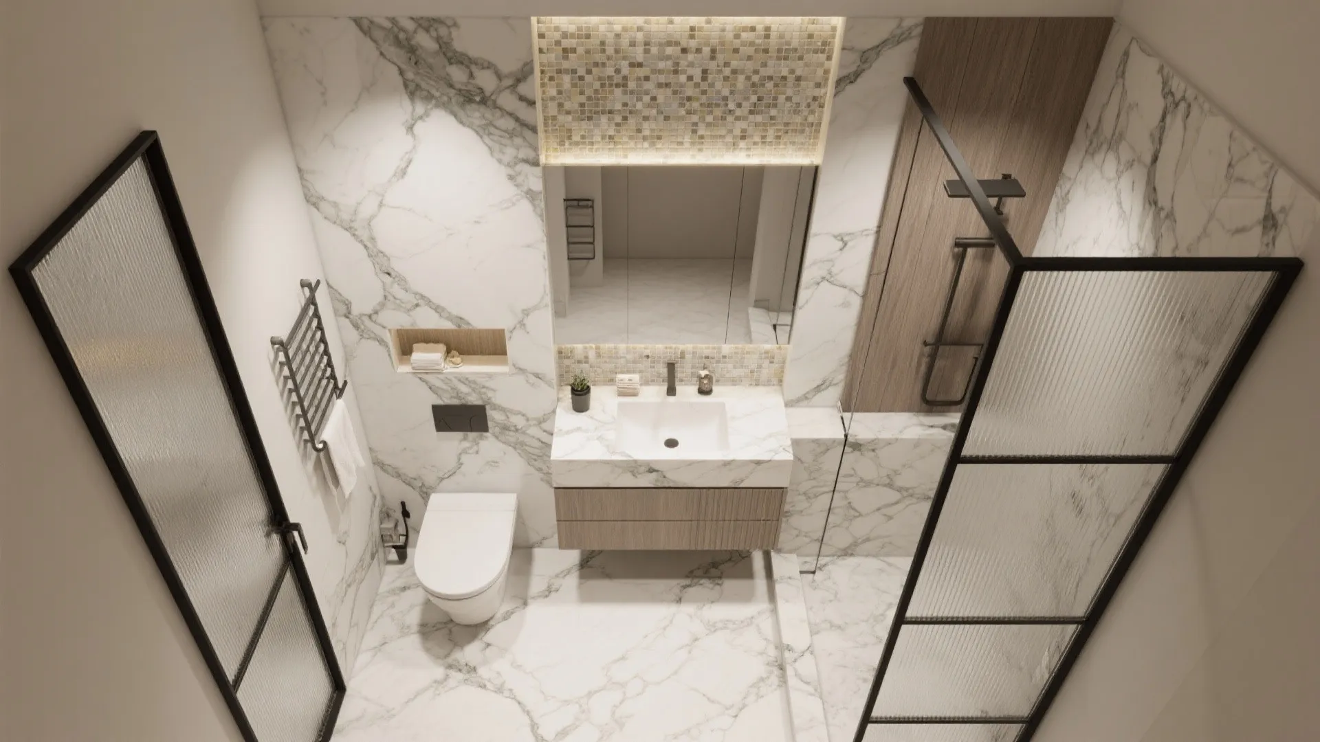 Top-down plan showing strategic marble placements with slabs, a bookmatched feature wall, and a mosaic niche.