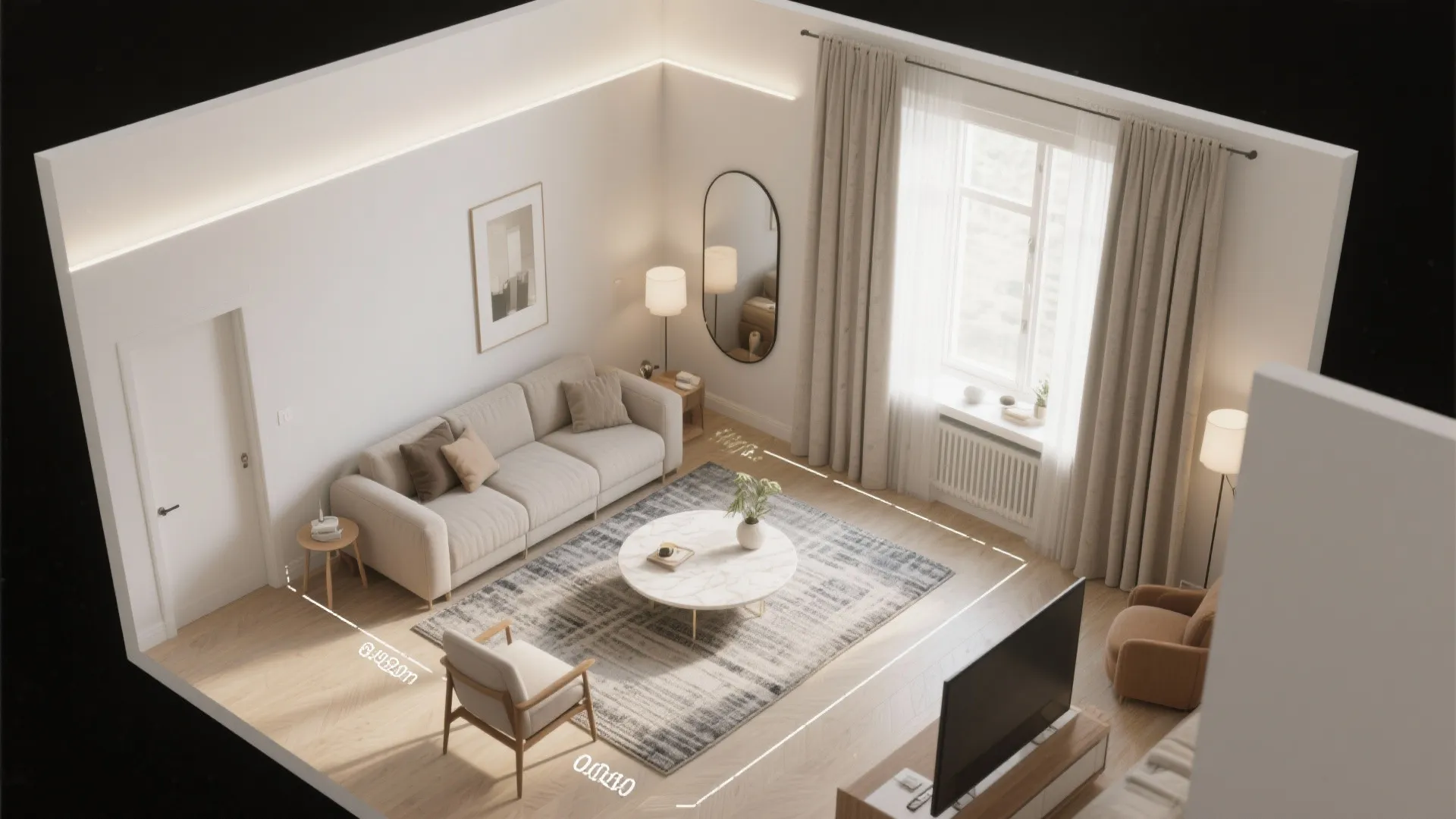 Top-down 3D room layout showing a beige sofa, round coffee table, rug, and floor measurements