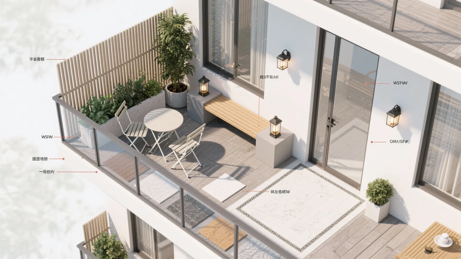 Top down interior design drawing of balcony showing furniture layout wall lights and labeled materials