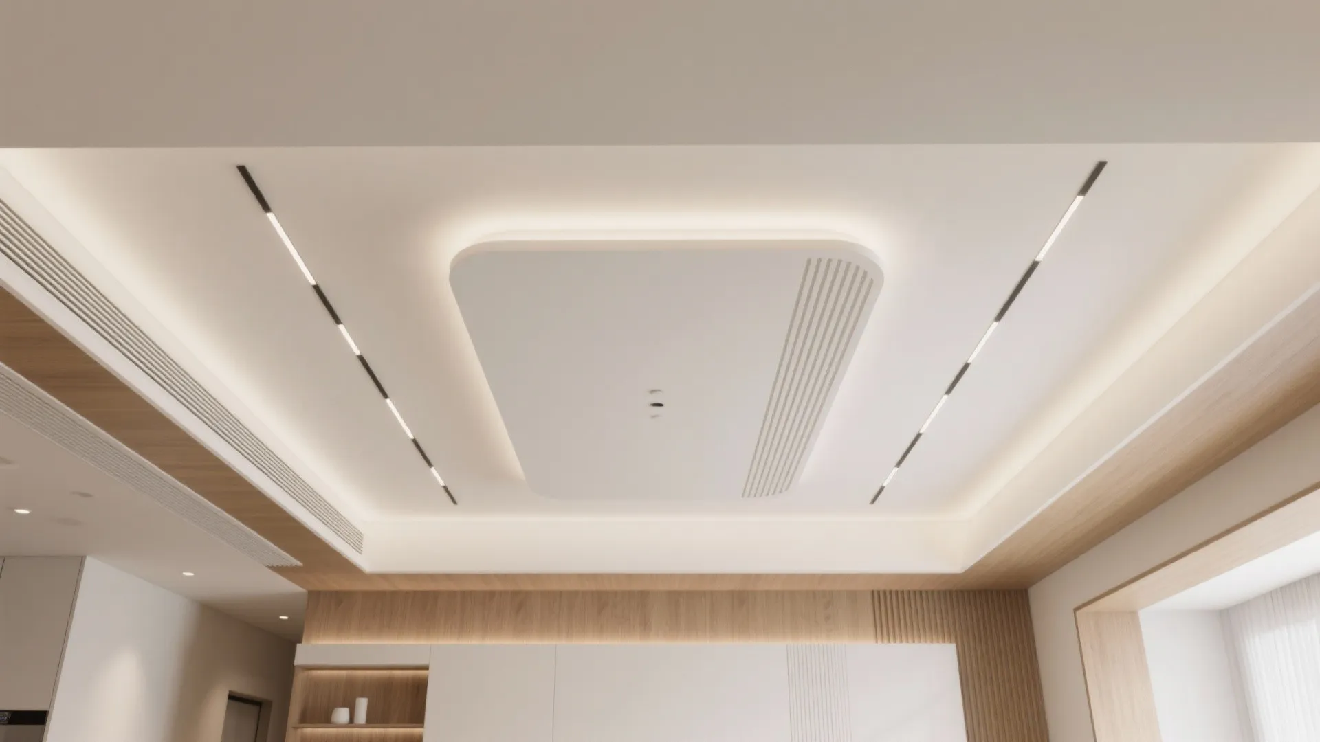 Modern white ceiling with recessed light fixture wooden wall panel and warm lights in room