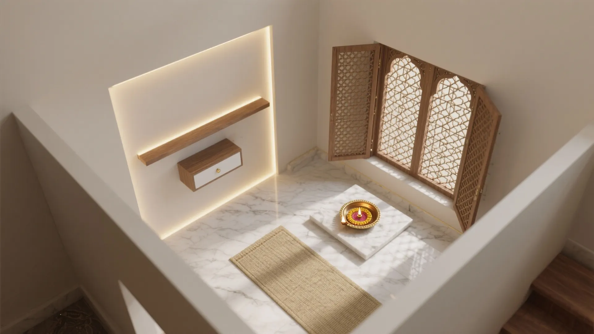 Top down view of prayer room with marble floor woven rug and open wooden window