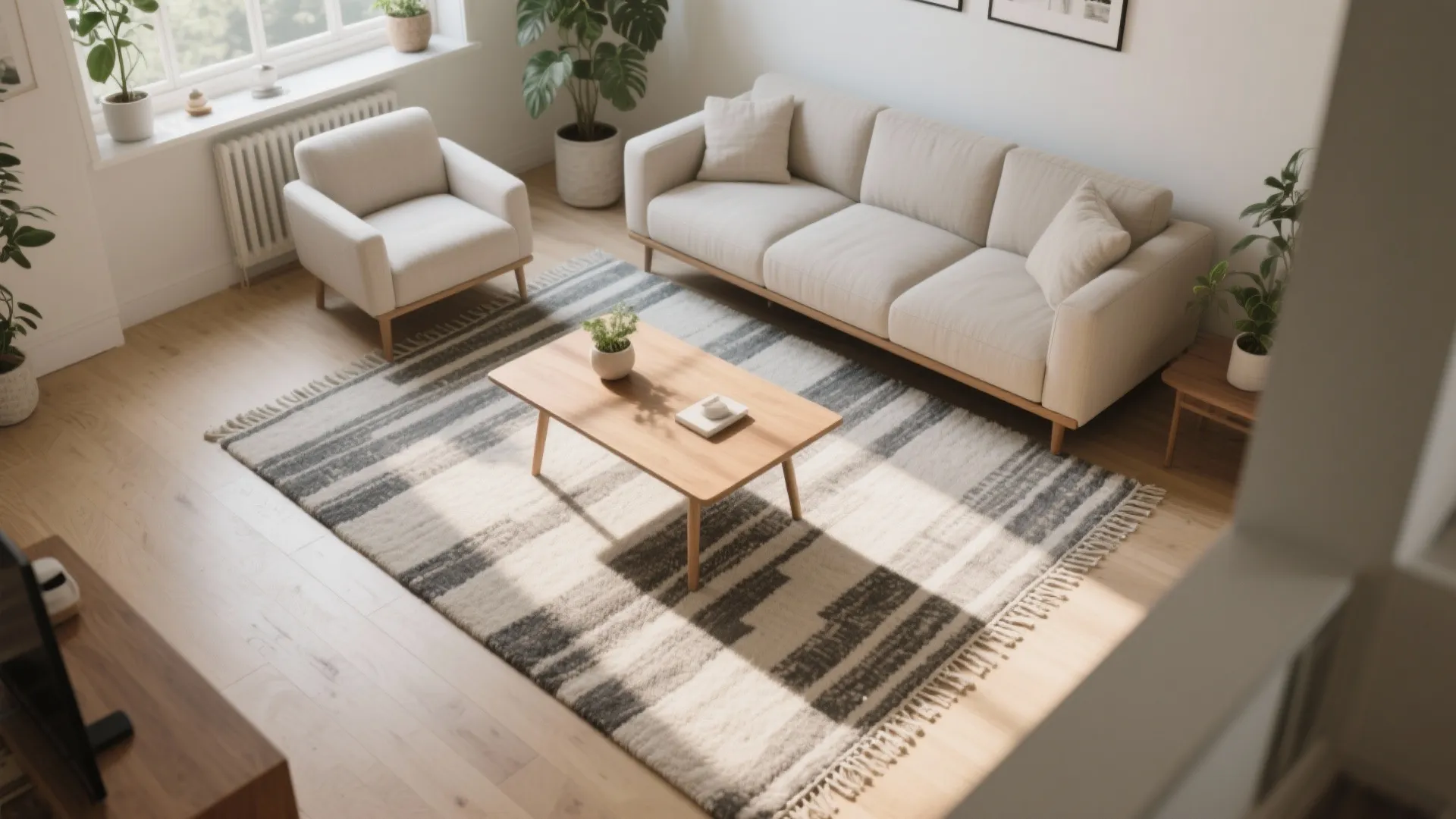 Top-down view showing rug placement under front sofa legs and clear pathways in a small living room.