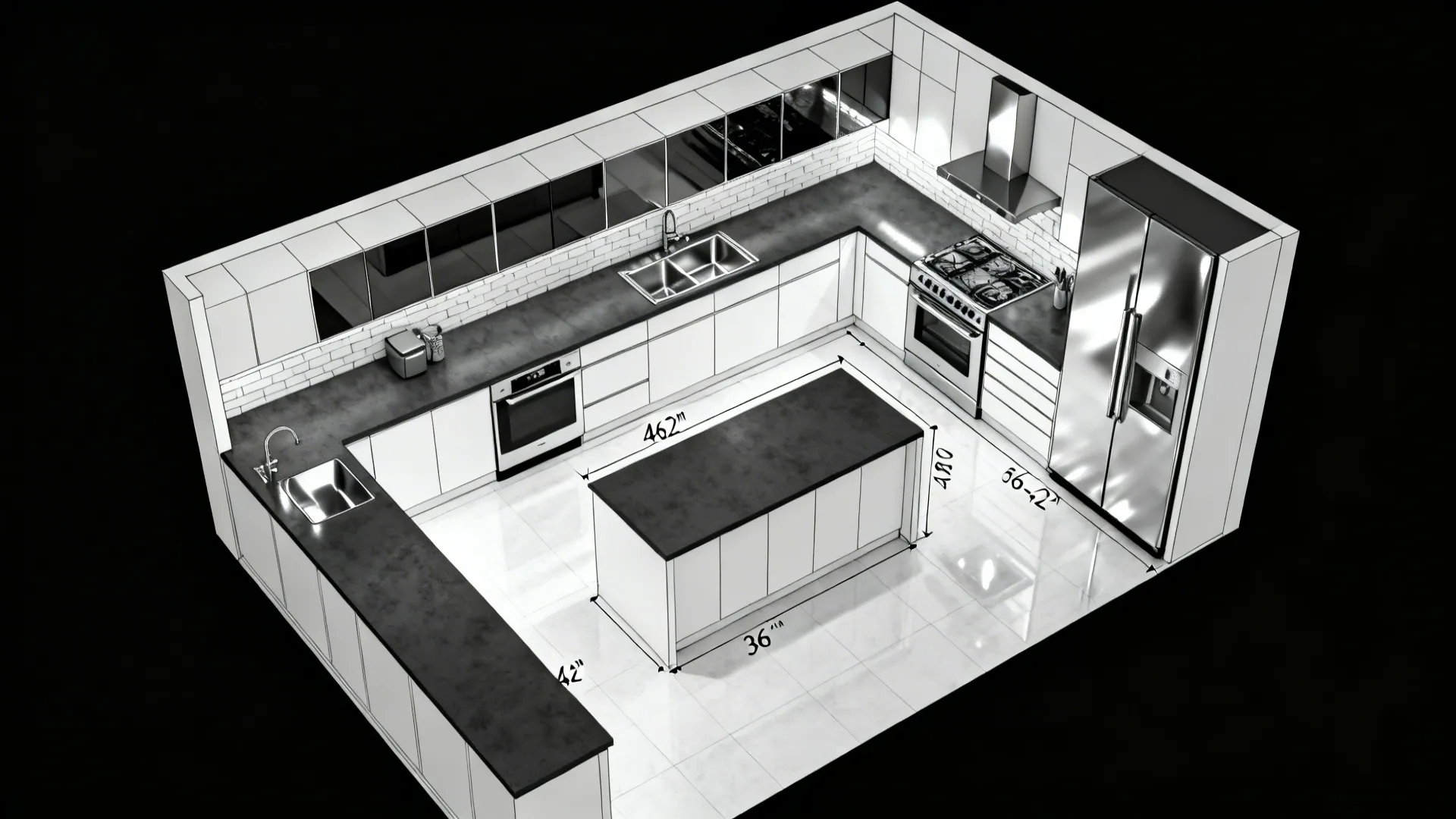 Top-down set comparing L-shape vs galley, clearances, and island feasibility in a 10x14 kitchen.