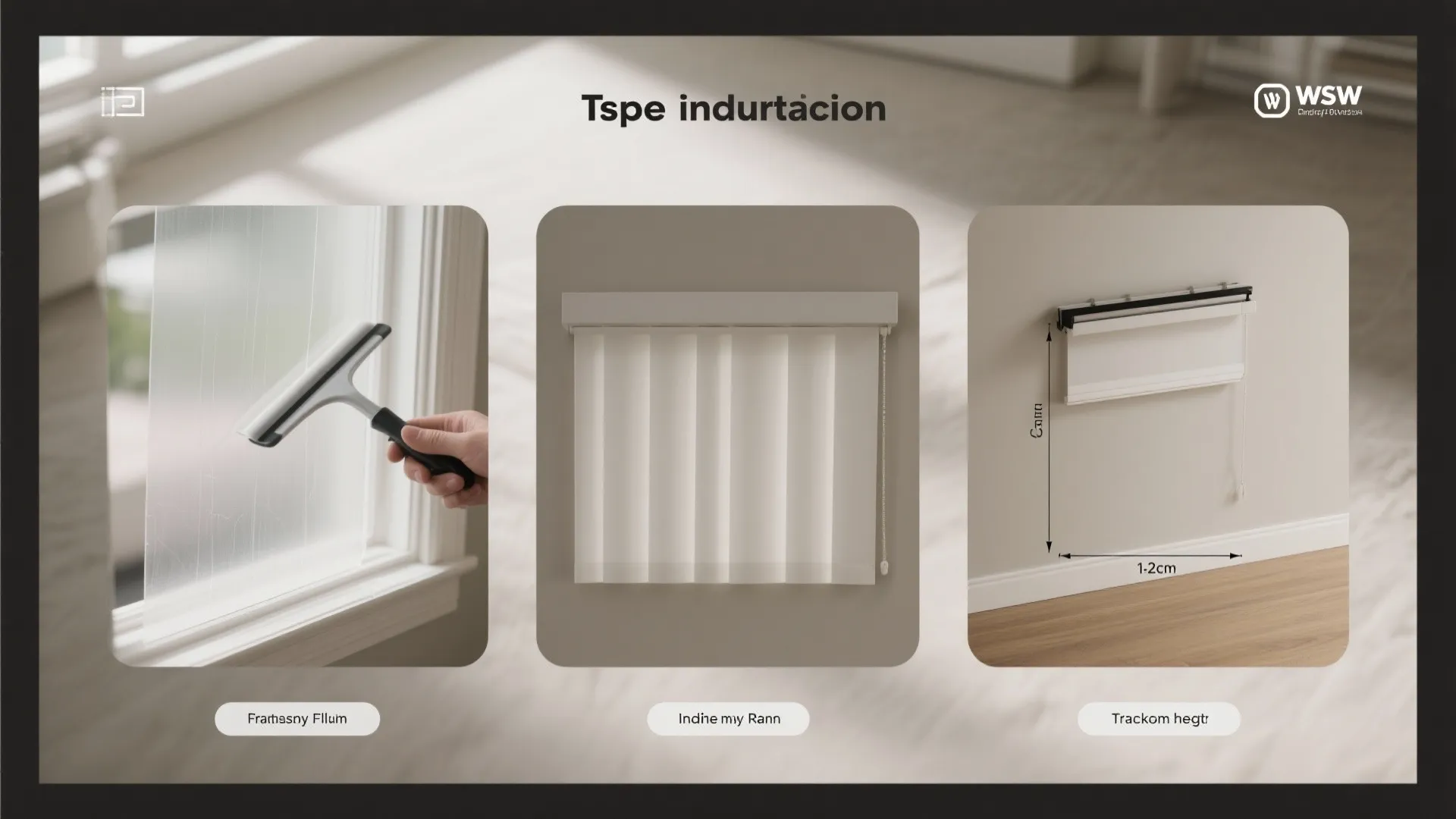 Top-down how-to scenes showing film install, Roman shade mount, and drapery hem height.