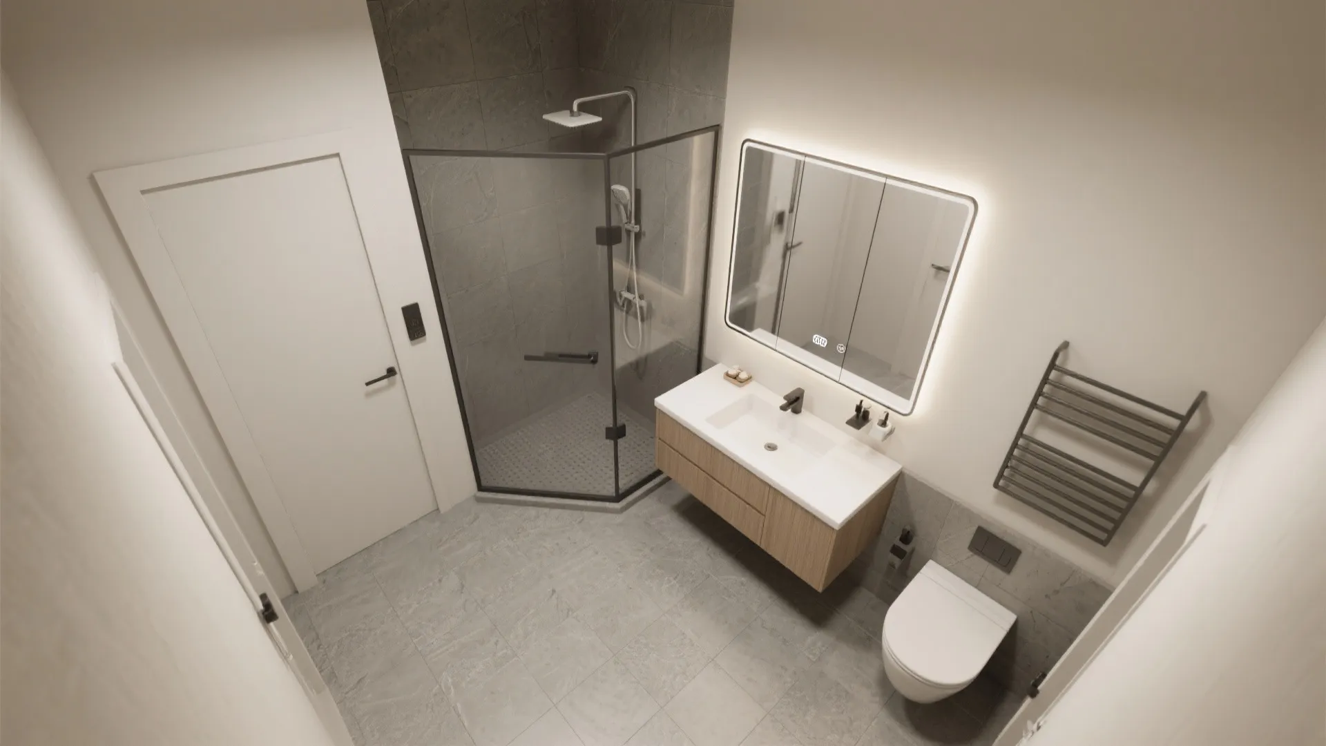 Modern bathroom interior design drawing with corner glass shower white sink wood cabinet and floor