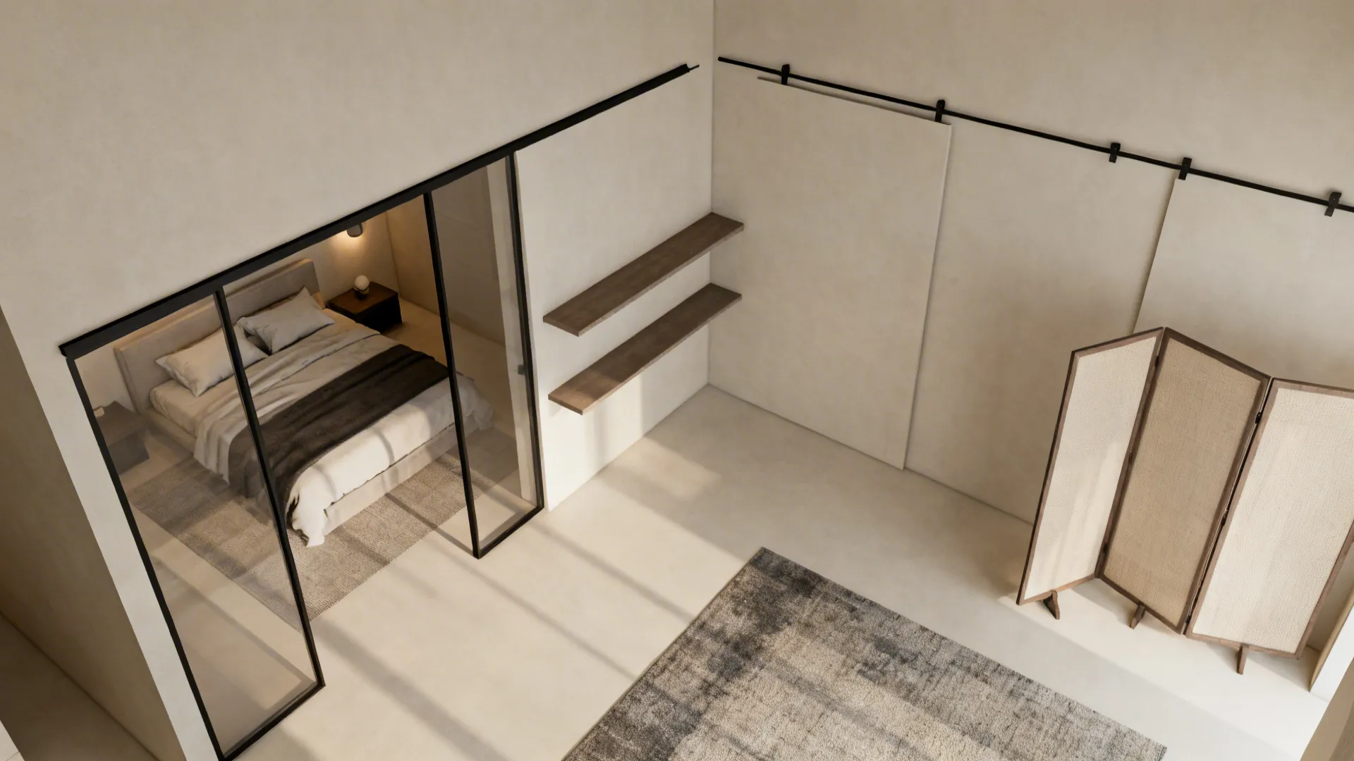 Top-down studio layout showing glass partition, open shelf, sliding track, rug zones, and a folding screen.