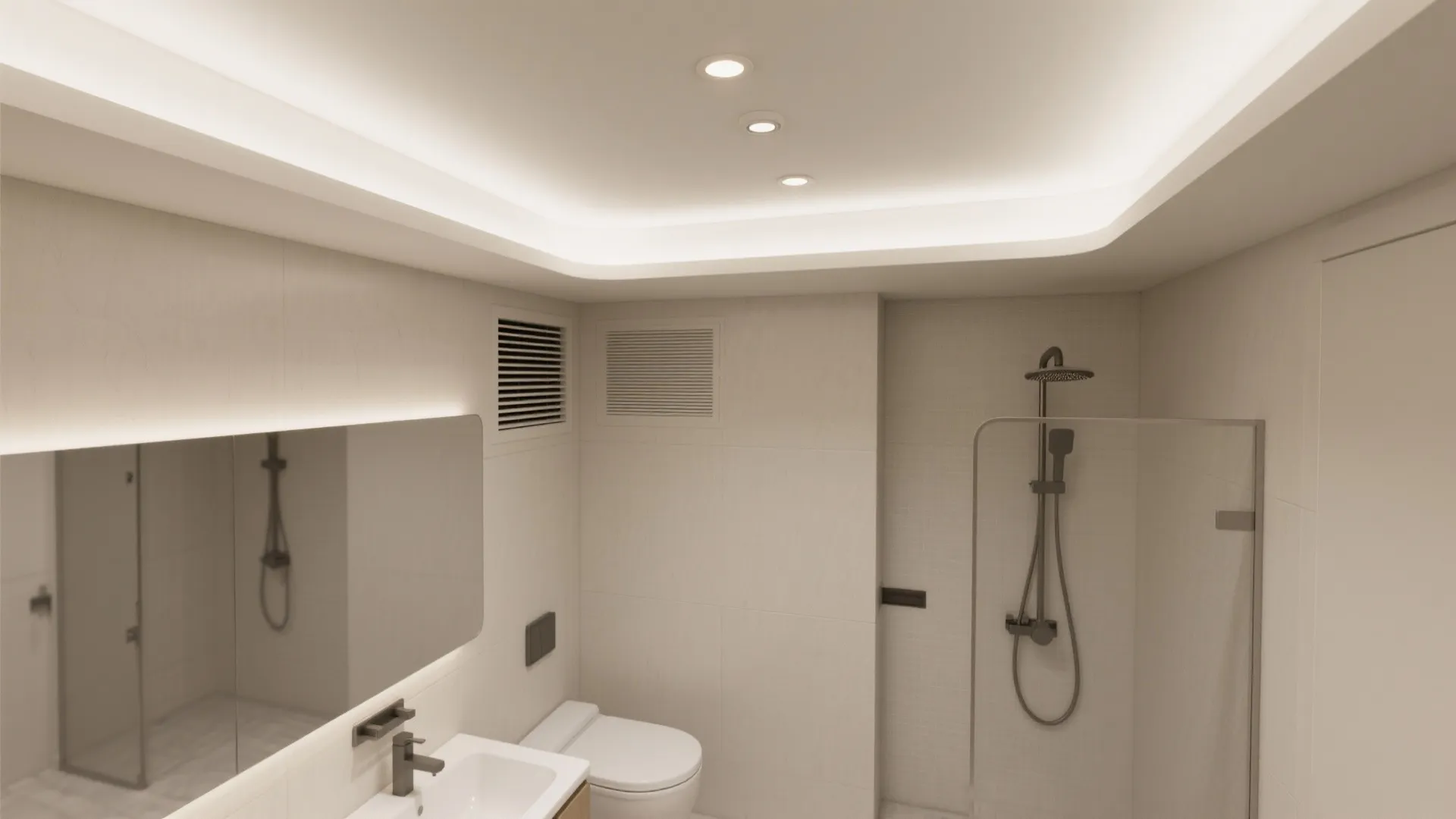 Small white bathroom interior featuring hidden ceiling light strips glass shower door and wall mirror