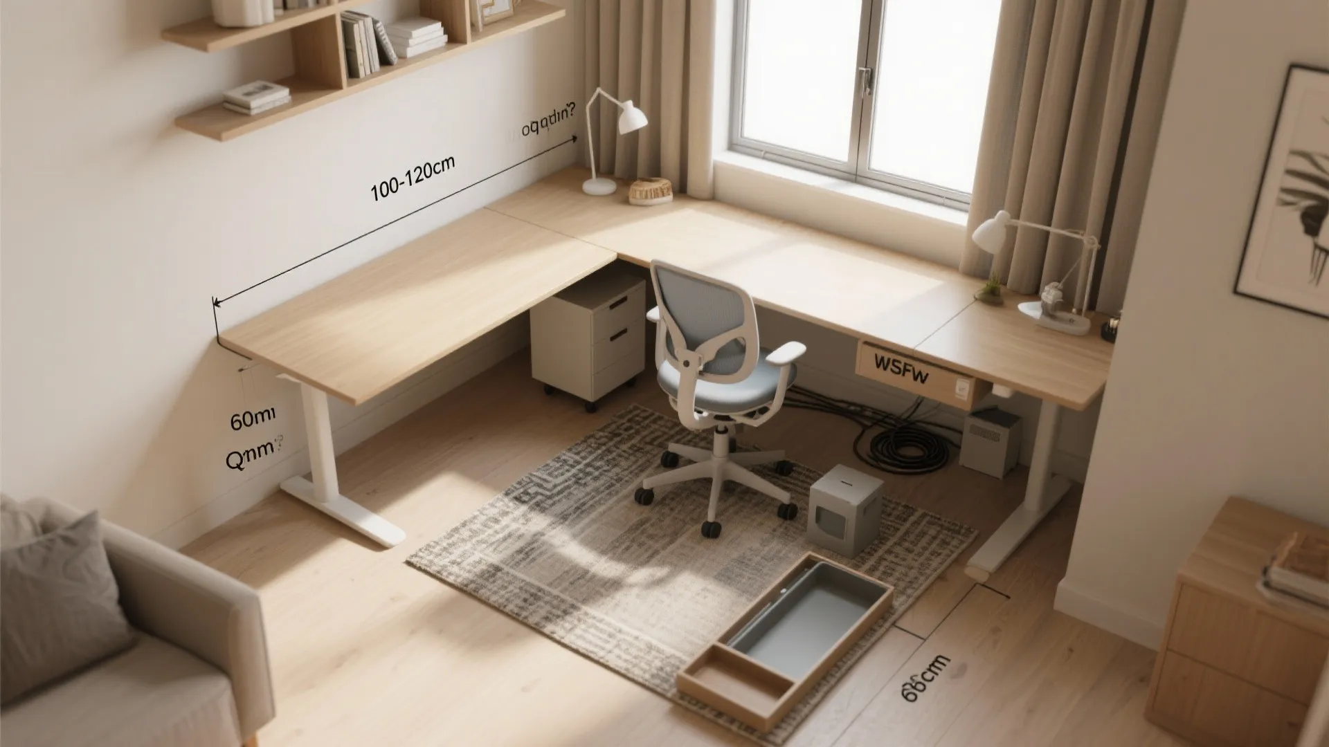 Top view of corner wooden desk with dimensions office chair rug and wall shelves for storage