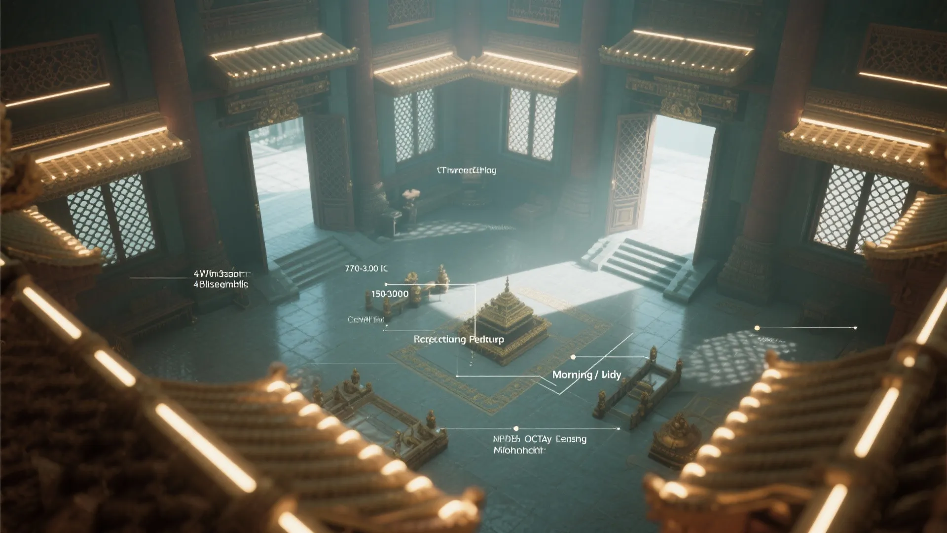 Top-down summary of temple lighting: warm color temperature, lux levels, anti-glare accents, indirect strips, backlit panels, and scene presets.