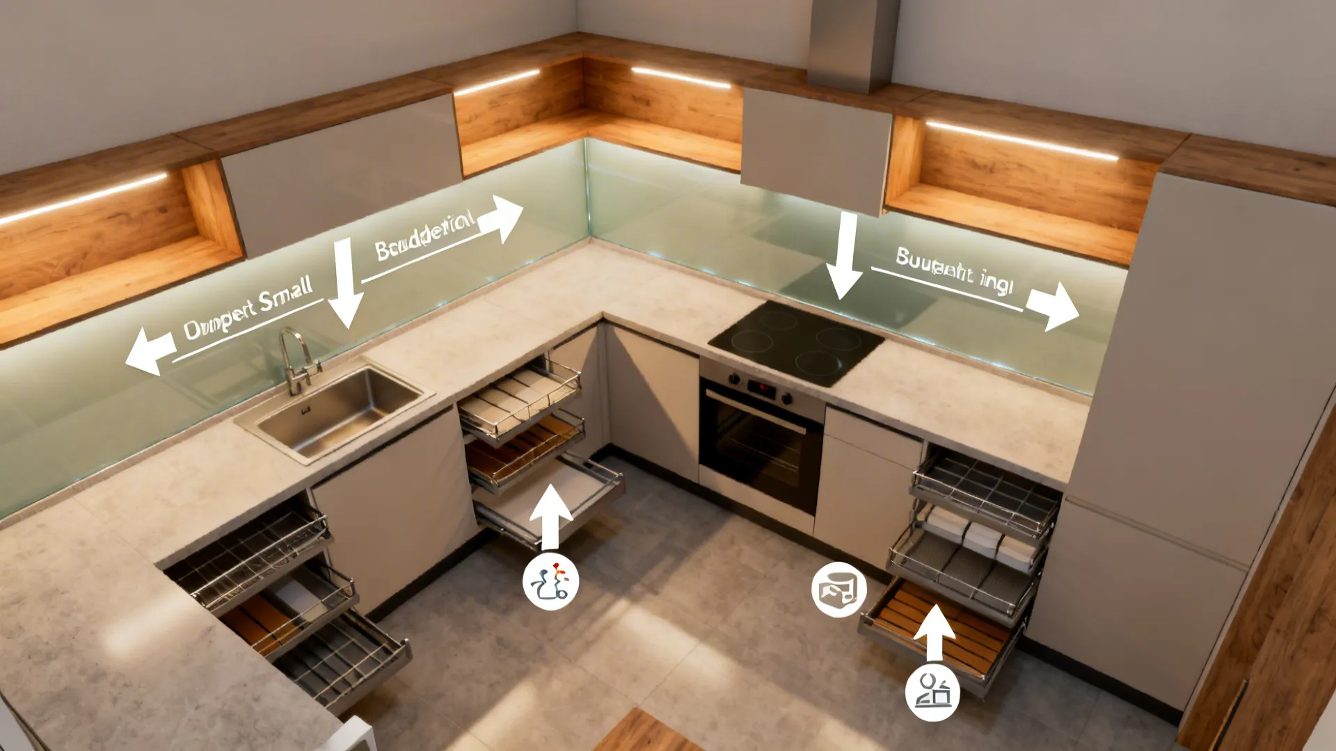 Top-down visual summary of small kitchen budget moves: L-shape zoning, LED task lighting, and simple backsplash panels.