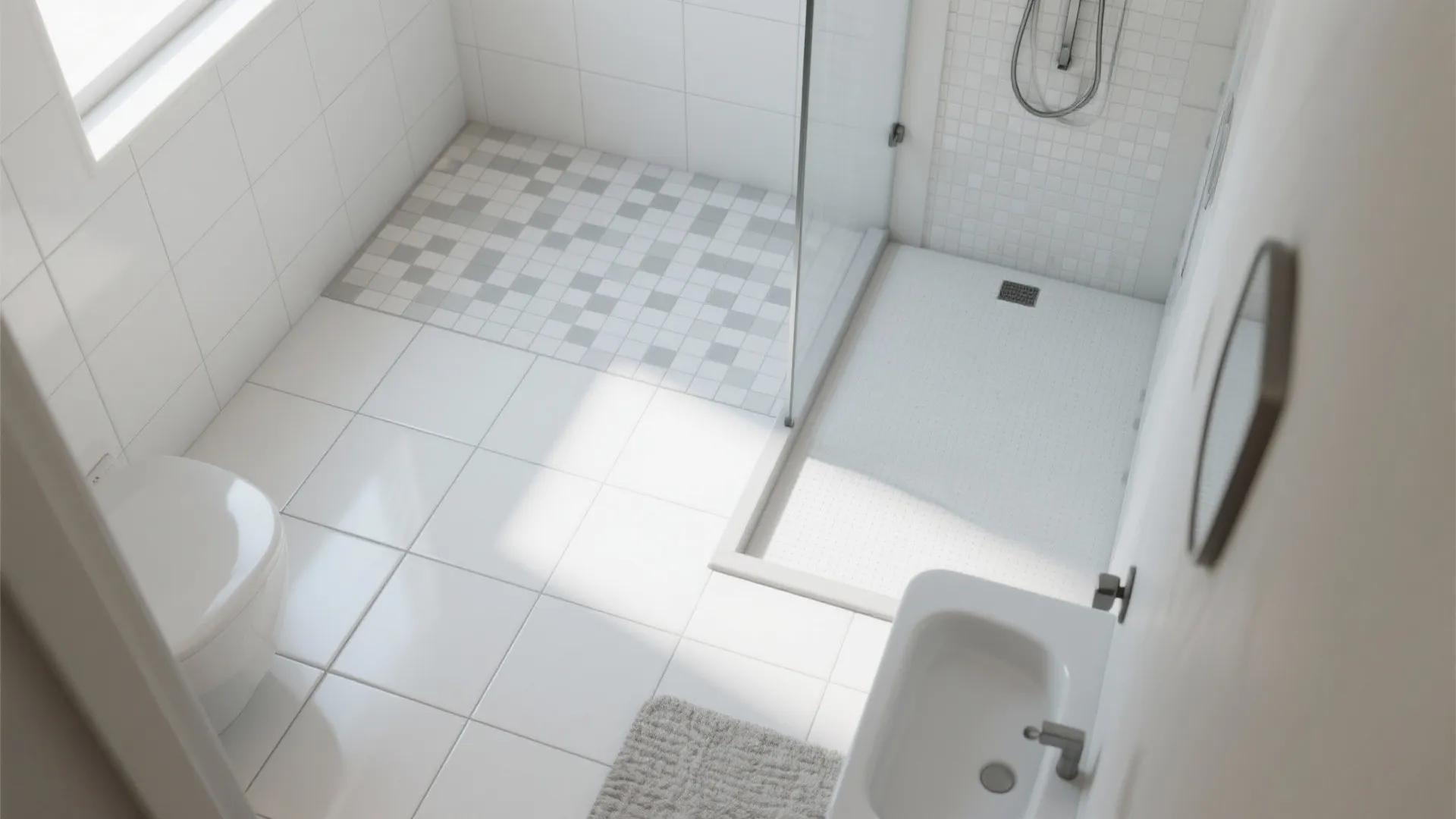 Top down view of small bathroom showing white floor tiles plus glass shower and sink