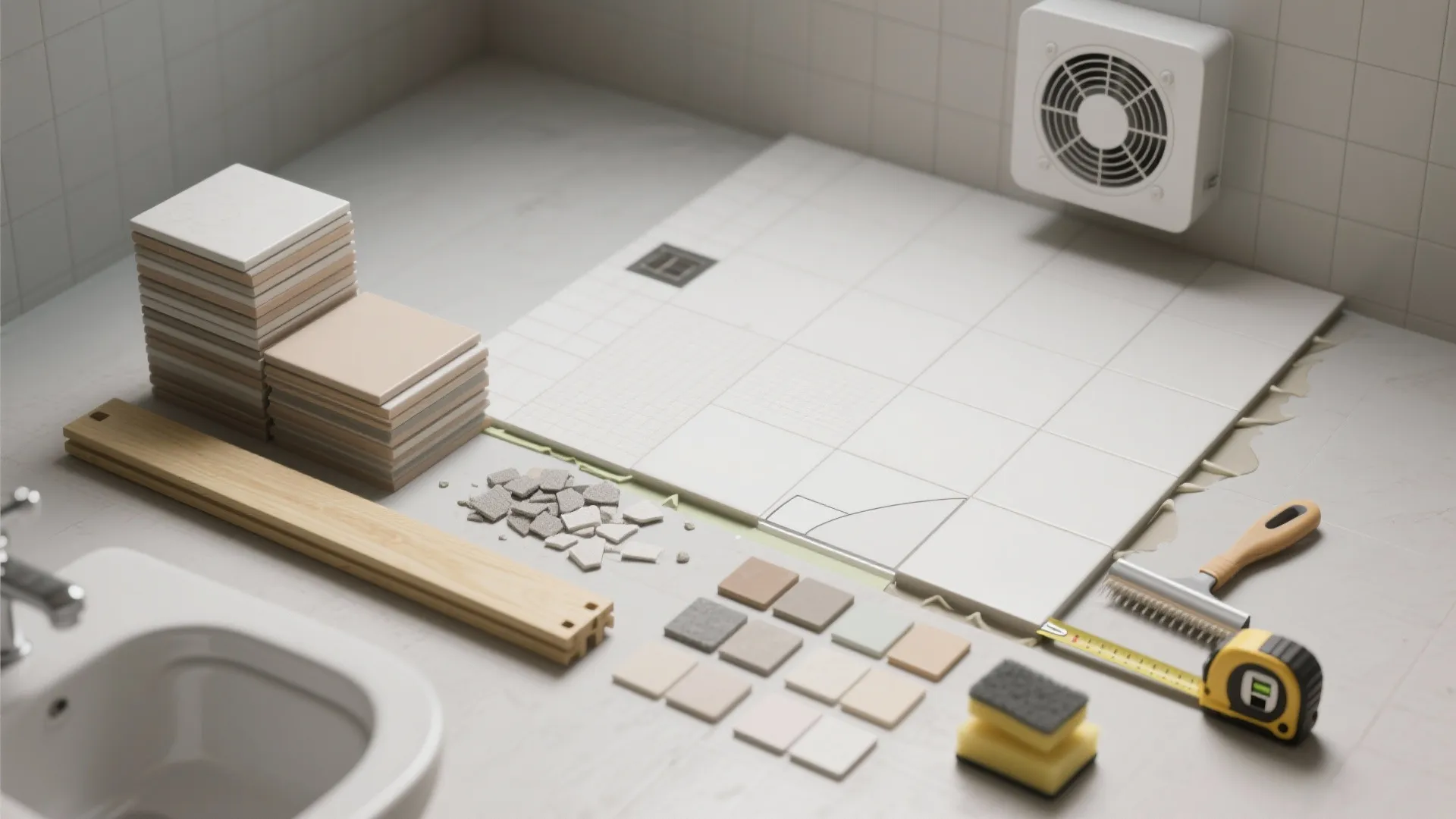 Bathroom floor tiling installation process with tiles and tools including a tape measure and sponge