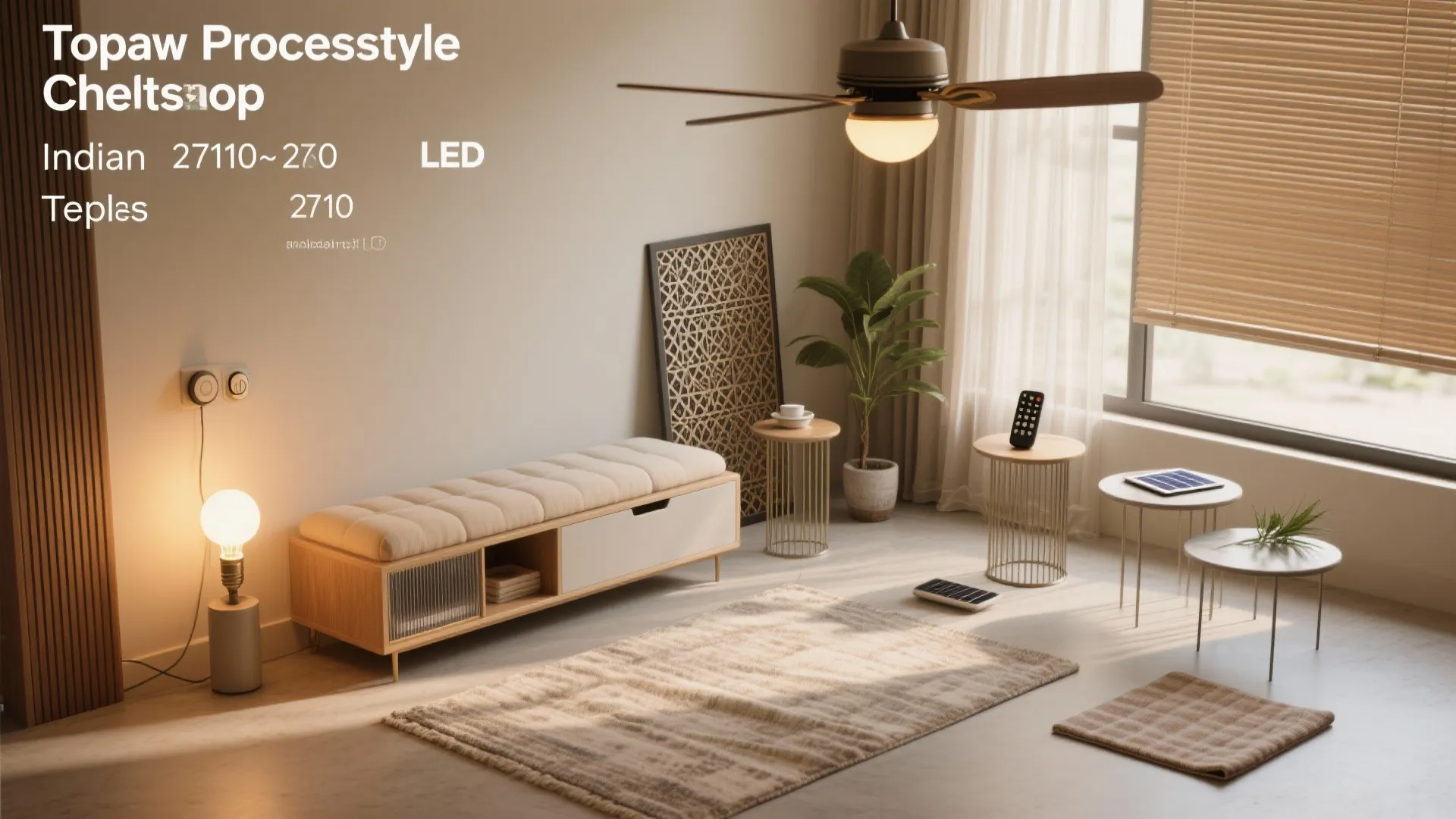 Top-down cheat sheet of tips: warm LED bulbs, jali sample, low seating module, nesting tables, plants, and fabrics.