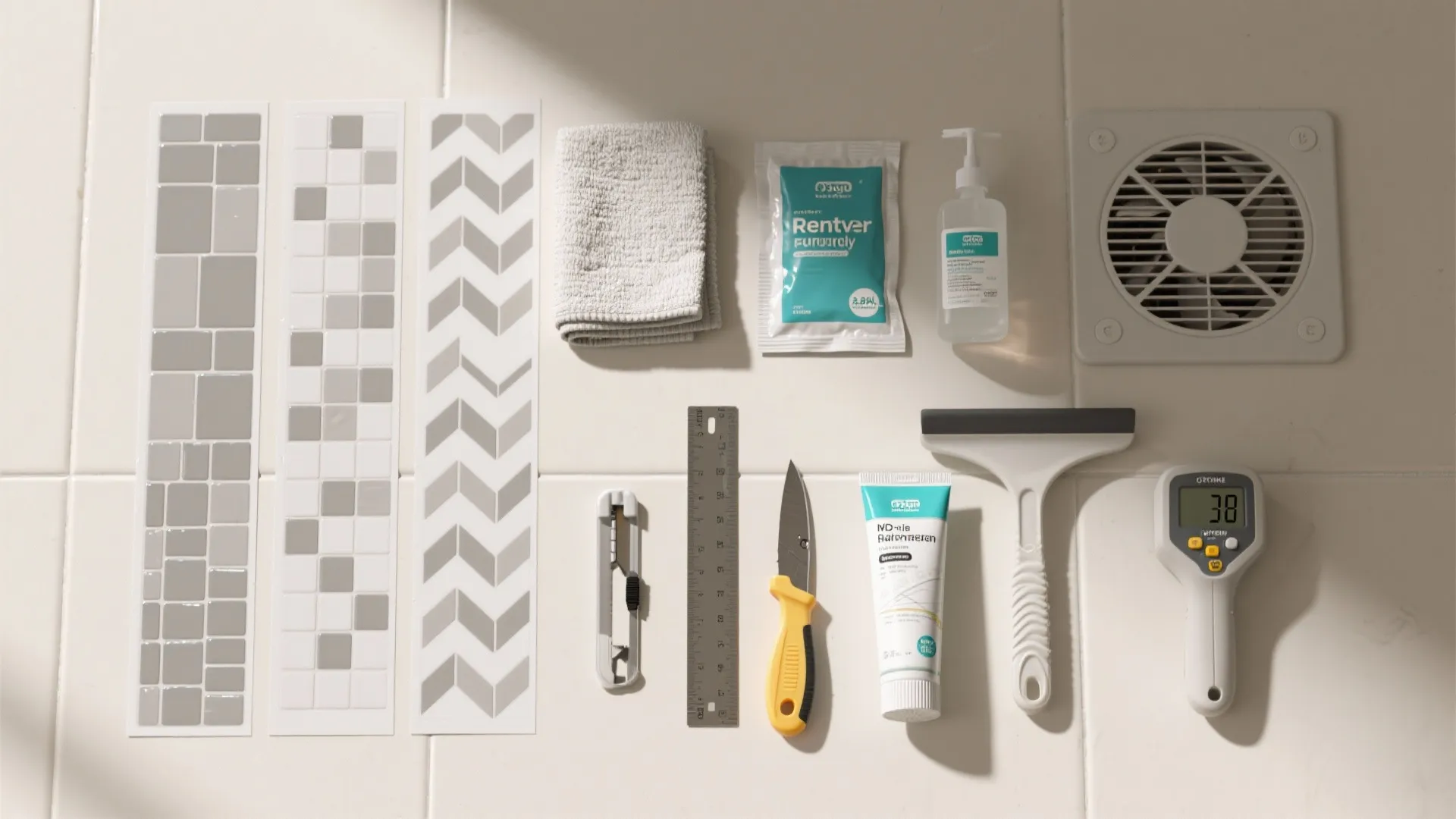 Various tiling repair tools including wall stickers towel ruler knife glue and hand cleaning soap