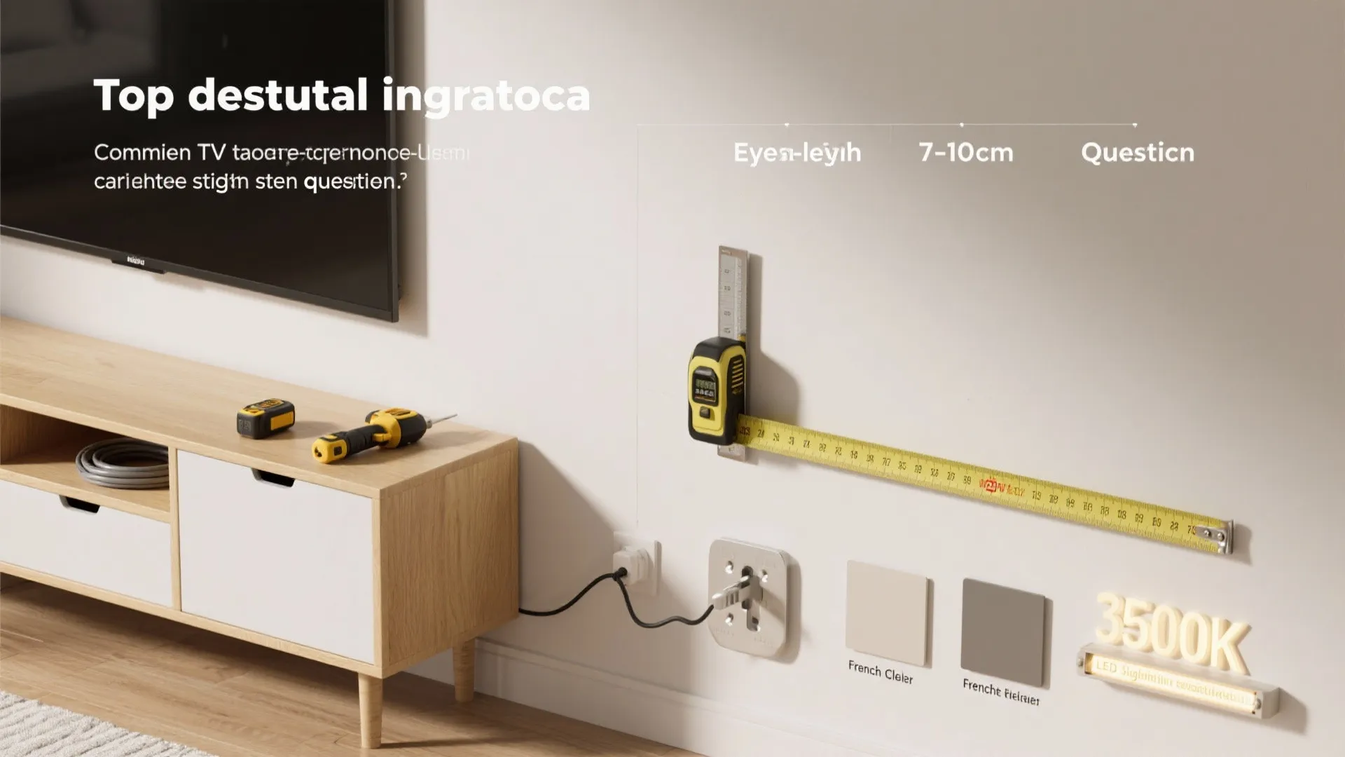 Interior design drawing showing wall measurements for television height with tape measure and power outlets