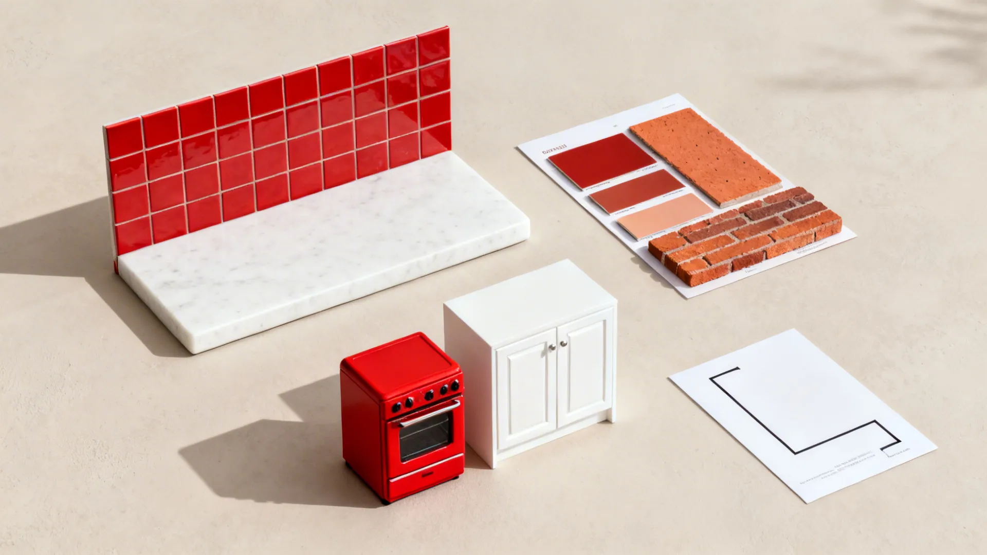 Top-down vignettes with red tile, white slab, muted red swatches, small appliance, and L-shape card.