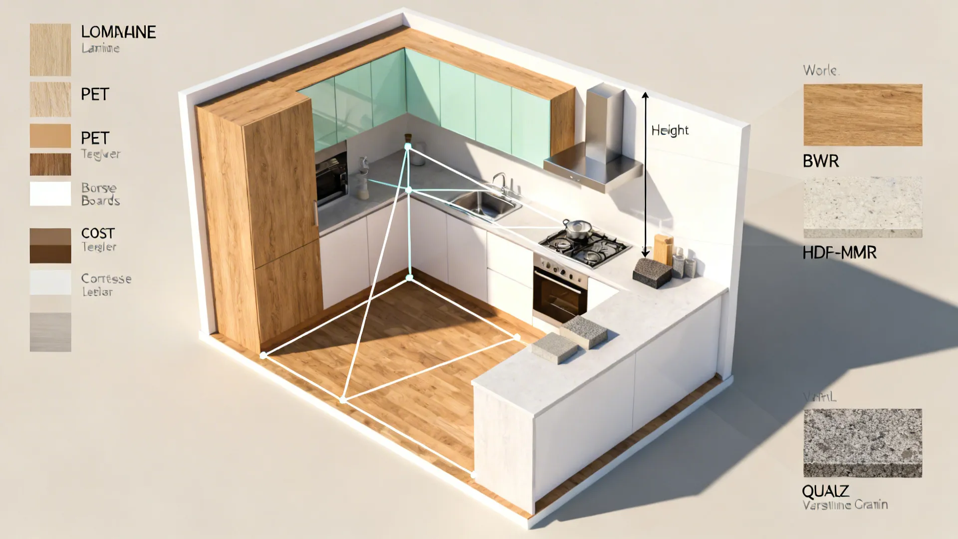 Top-down visual of compact kitchen with materials, work triangle, and chimney height cues.