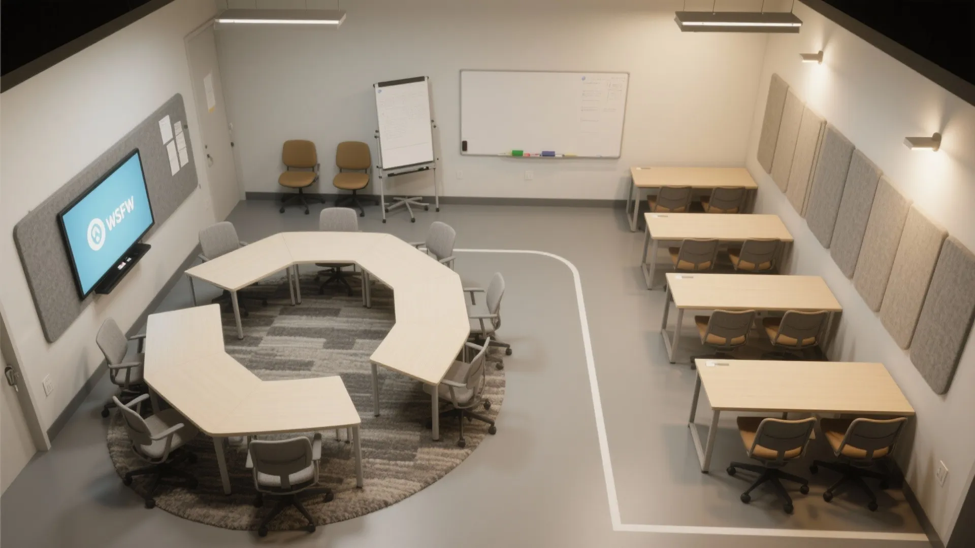 Top-down diagrams of U-shape and rows layouts with a chair parking zone for small study rooms.