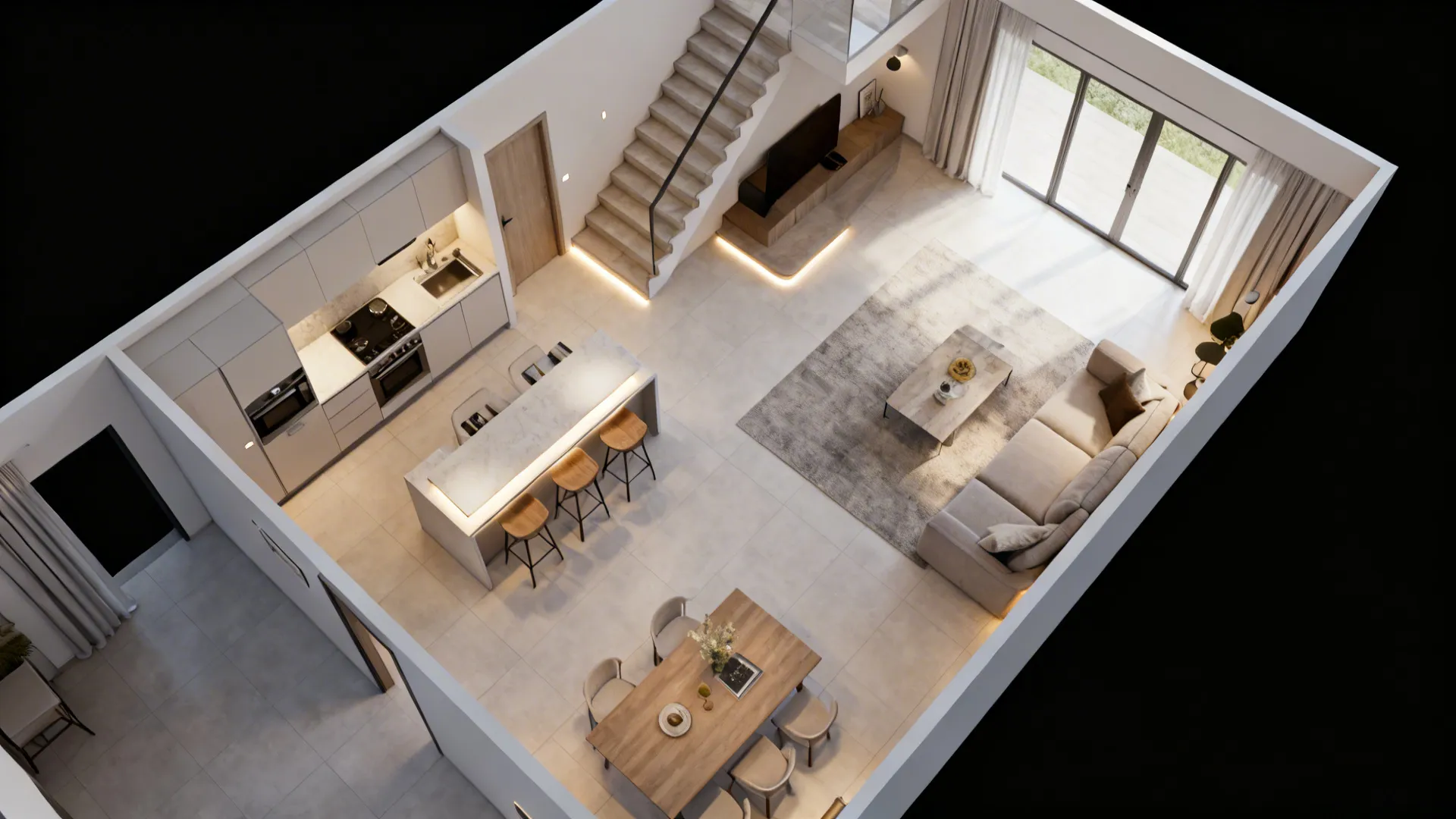 Top-down open-plan layout showing clear walkways, zones, and seating overhang near stairs.