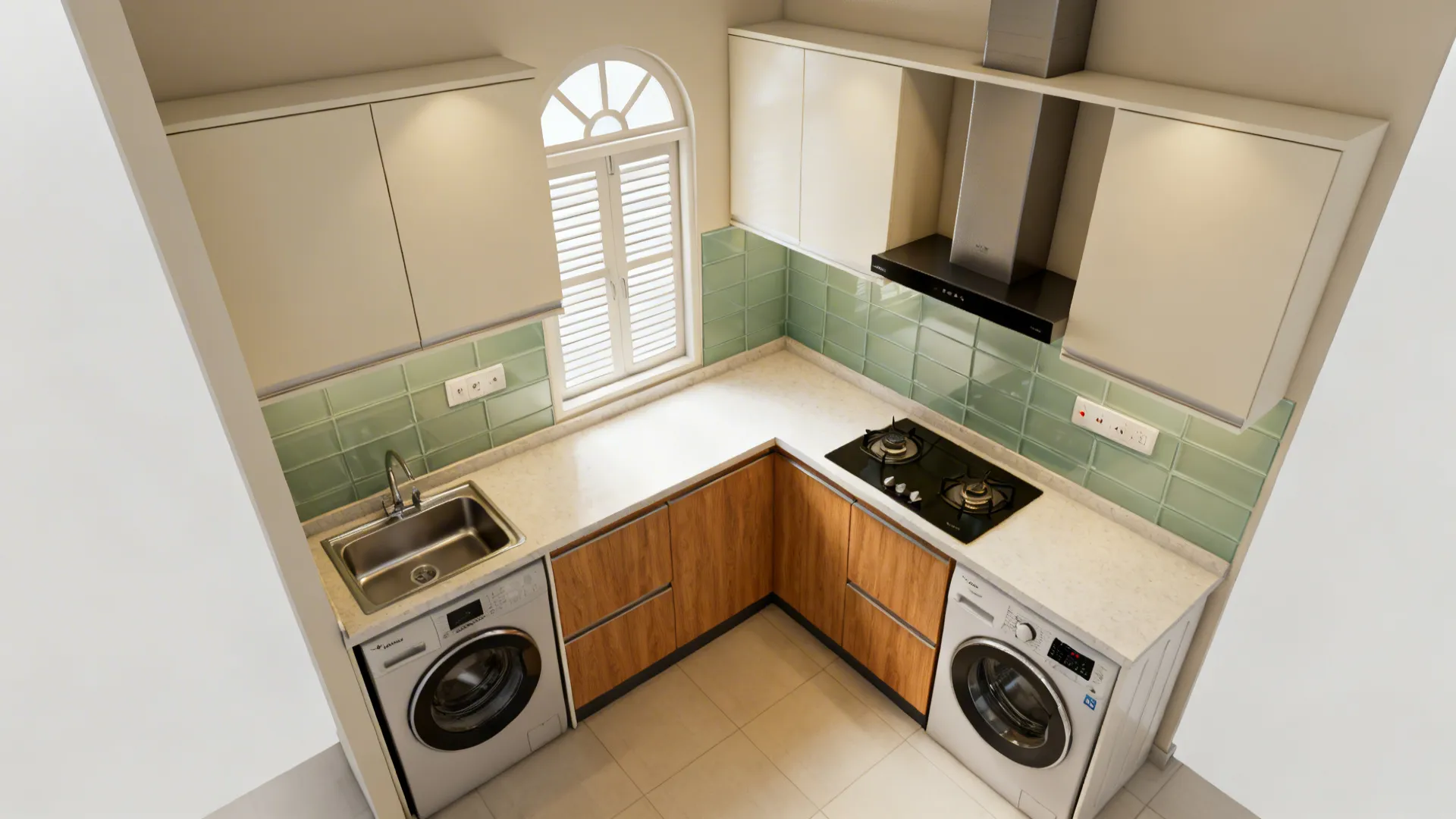 Top-down view showing L-shaped kitchen zones, utility sink- washer alignment, and venting.