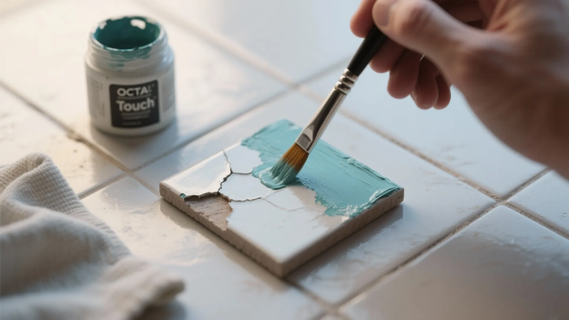 Close-up of a painted tile sample being touched up with a fine brush and touch-up paint pot.