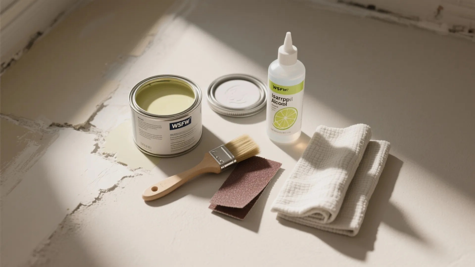 Wall repair kit with paint can small brush cleaning spray sandpaper and white cloth towel