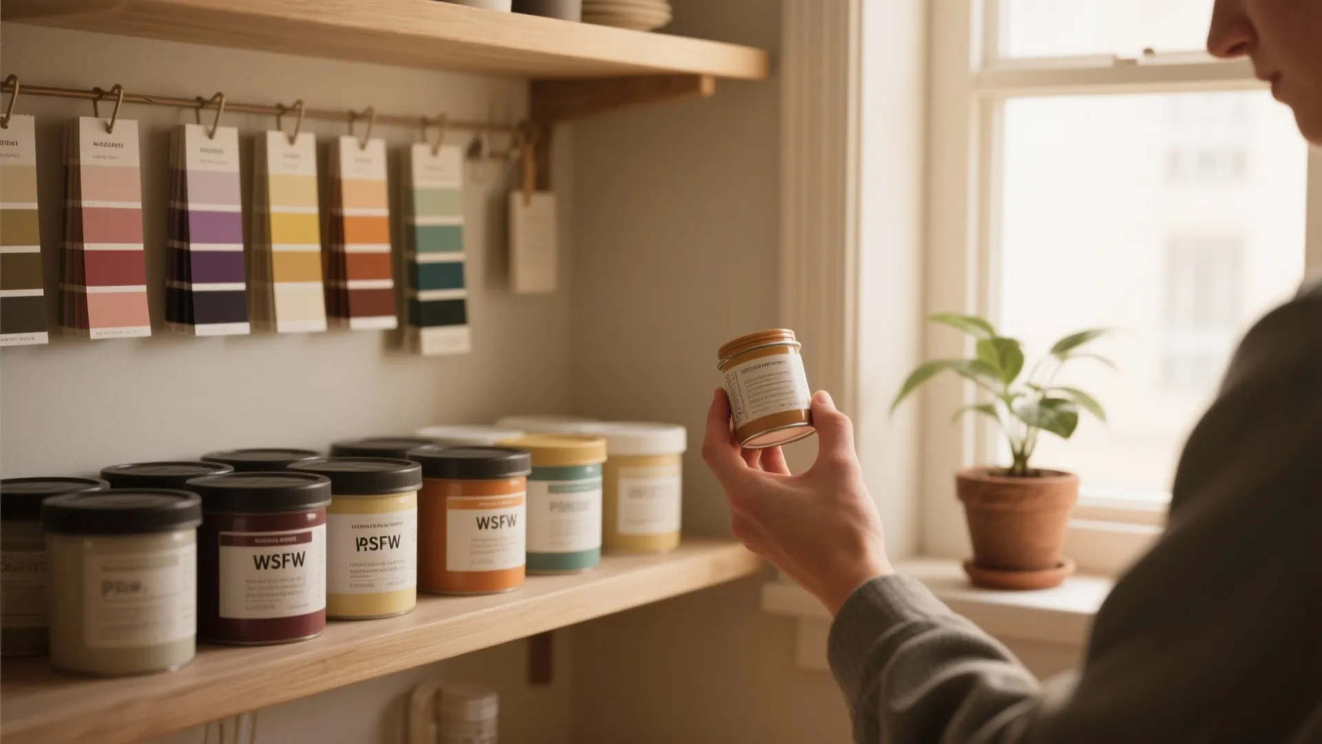 Person holding a small paint jar in front of shelves with color swatches and jars