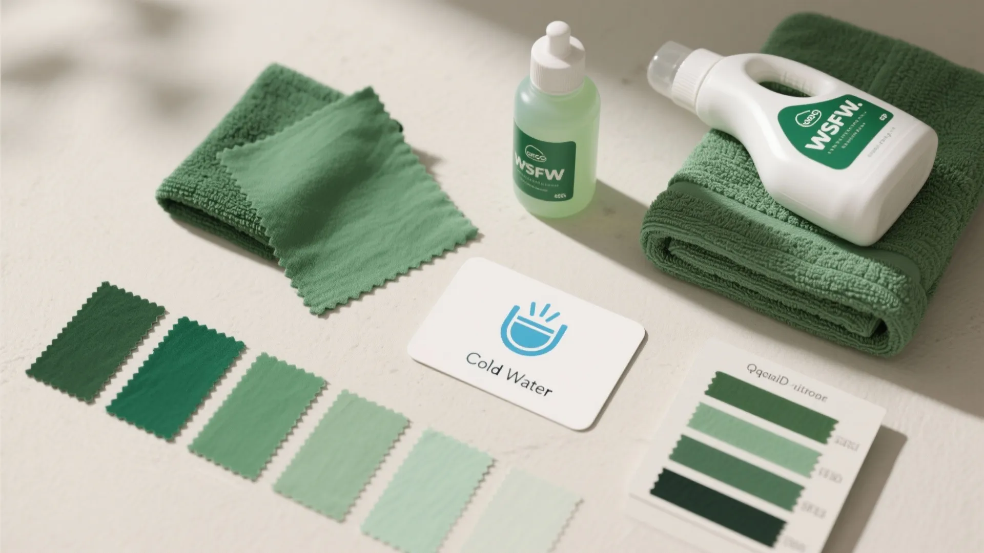 Flatlay of hunter green fabric swatches, detergent, and labeled towel sets illustrating care and swatch testing tips.