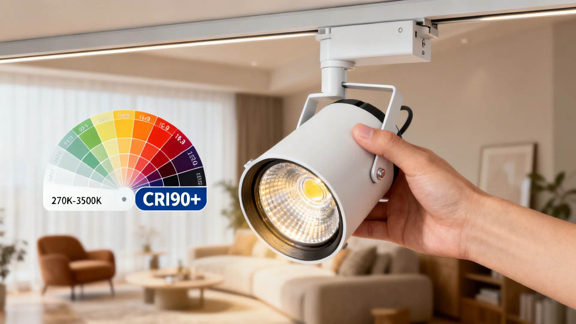 Dimmable LED track head held next to color temperature swatches and CRI label.