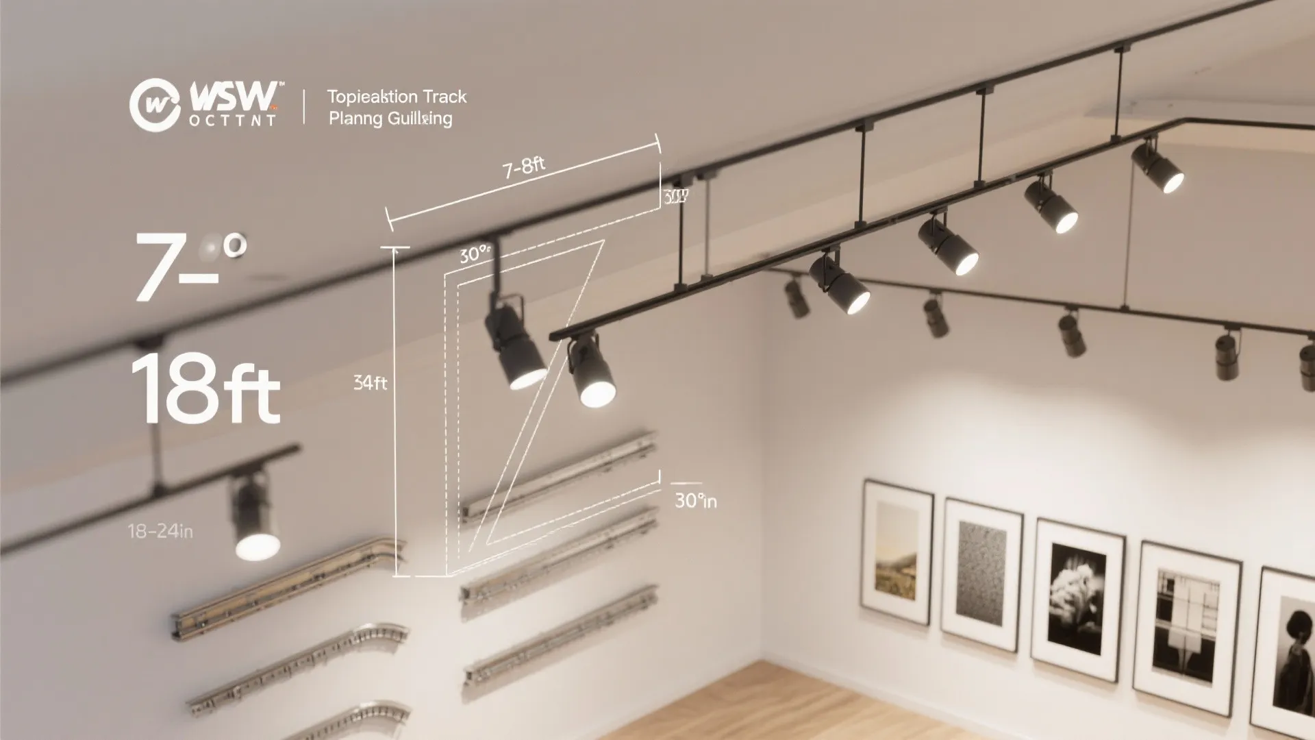 Top-down visual guide showing track lighting heights, angles, and spacing recommendations for art walls
