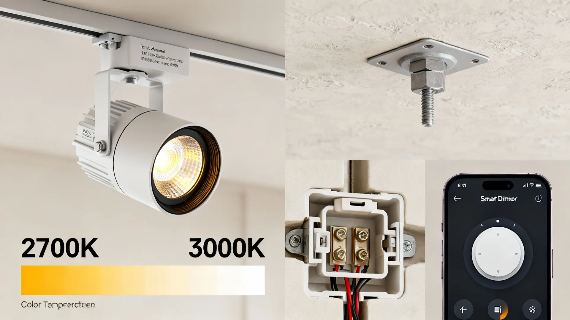 Infographic showing track light installation steps color temperature options and smart phone app remote control