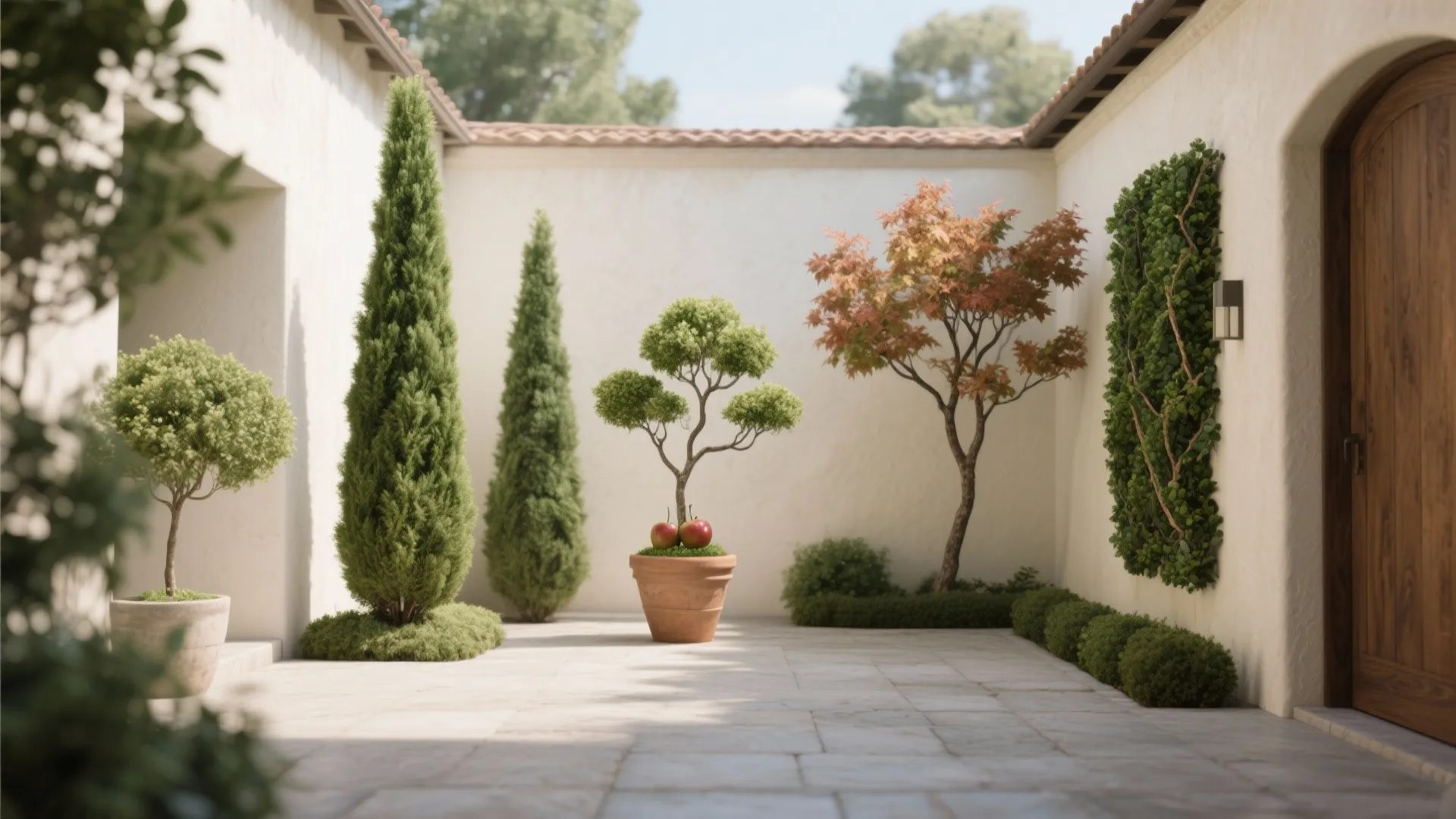 Various small trees and plants in a sunny courtyard with white walls and stone flooring