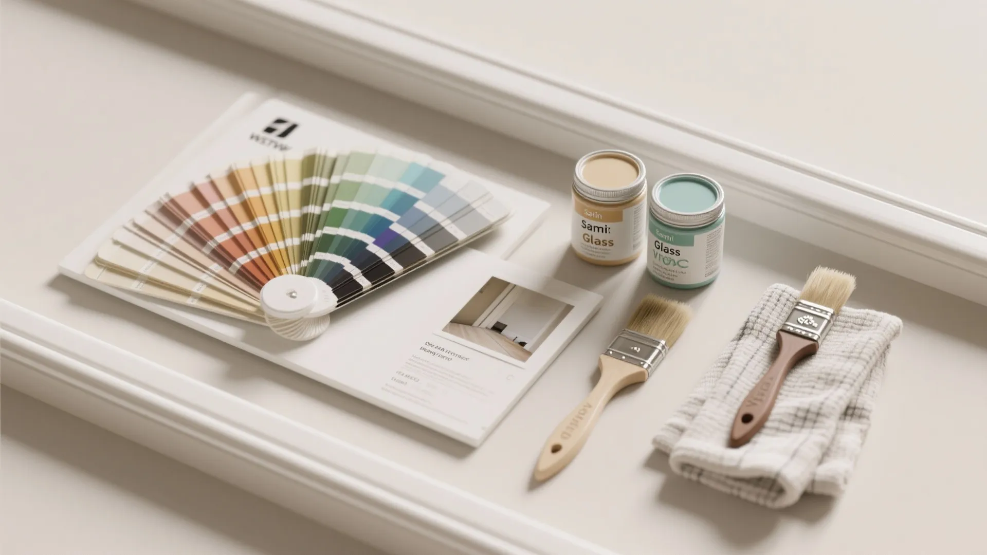Flatlay of paint swatches, labeled jars (satin, semi-gloss, low-VOC), brush and before/after card to illustrate trim paint FAQs.