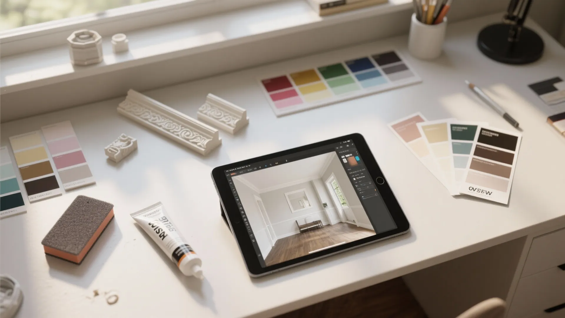 Tablet displaying room design drawing on desk with color swatches and white wall panel pieces