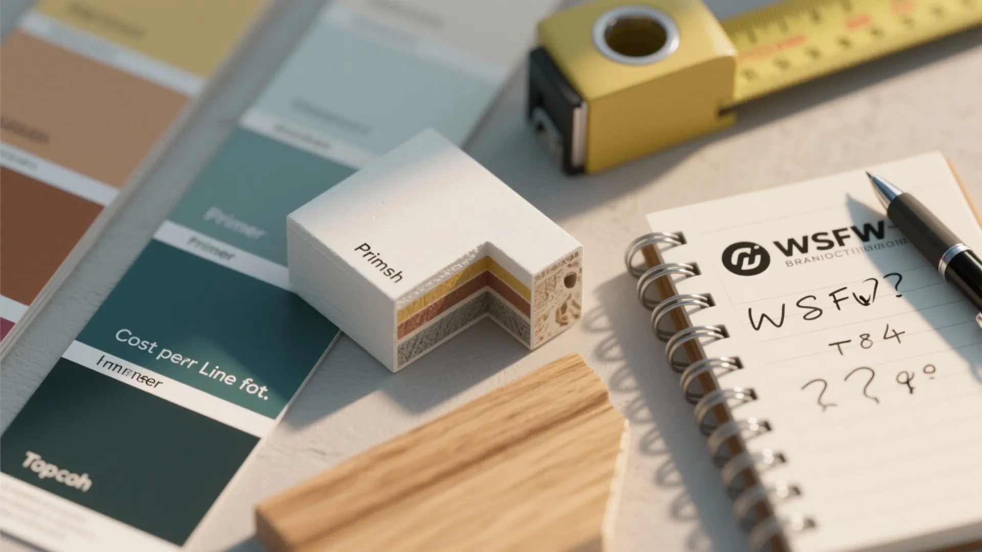 Close up of interior design materials with color swatches wood samples notebook and a measuring tape