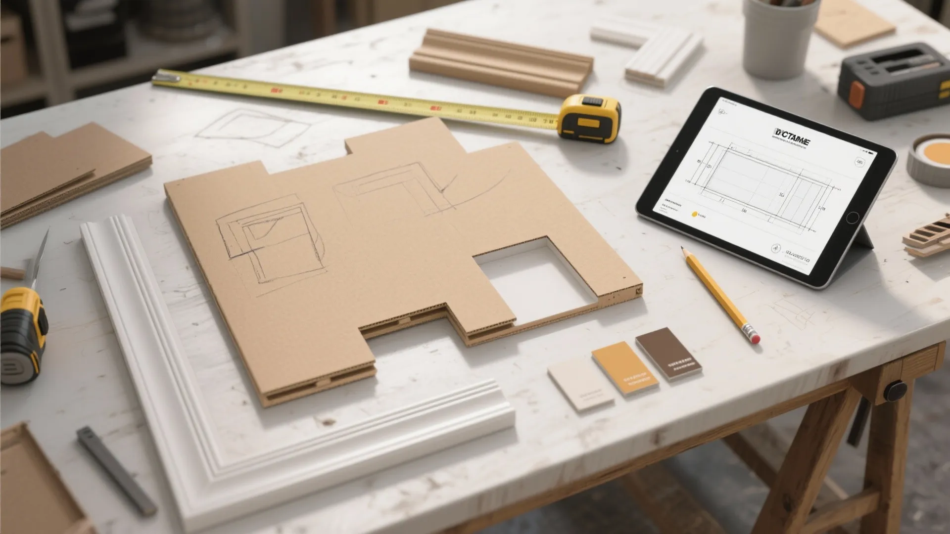 Desk with interior design drawing on tablet cardboard floor plan model tape measure and wood trim
