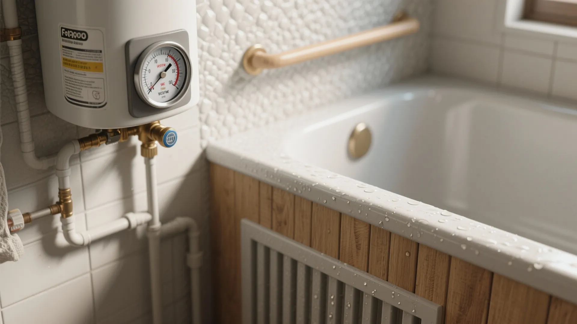 Close-up of water heater gauge, grab bar, non-slip tub surface and ventilated wooden tub edge for FAQ illustration