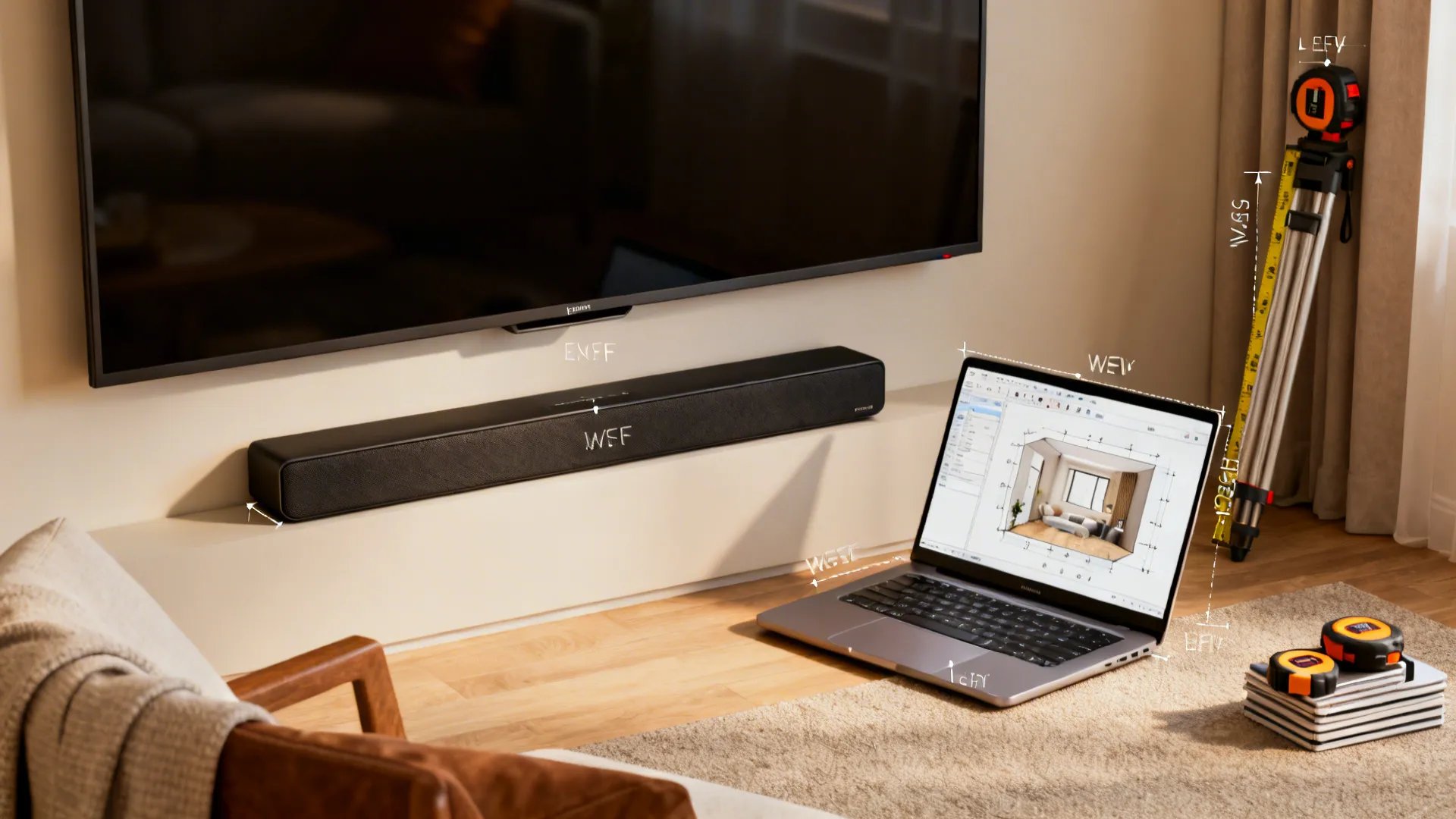 Cozy living room corner with mid-sized TV, soundbar, and a laptop showing a room planner, illustrating FAQs on size and placement.