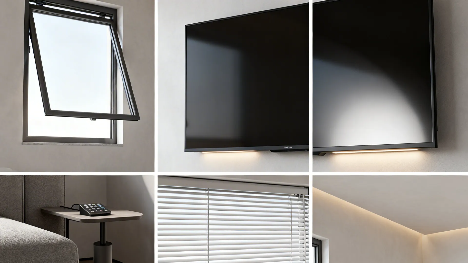 Collage of TV between windows scenarios: operable window clearance, anti-glare TV surface, and motorized blinds