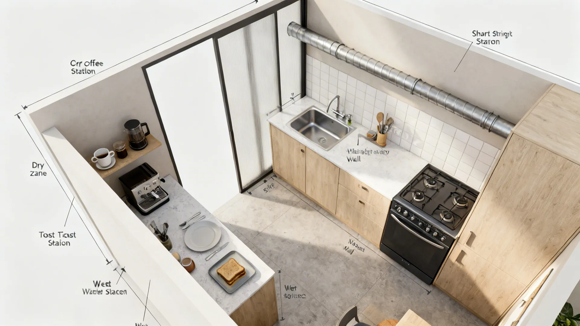 Top-down diagram-like render showing dry and wet kitchen zones with compact dimensions and partition.