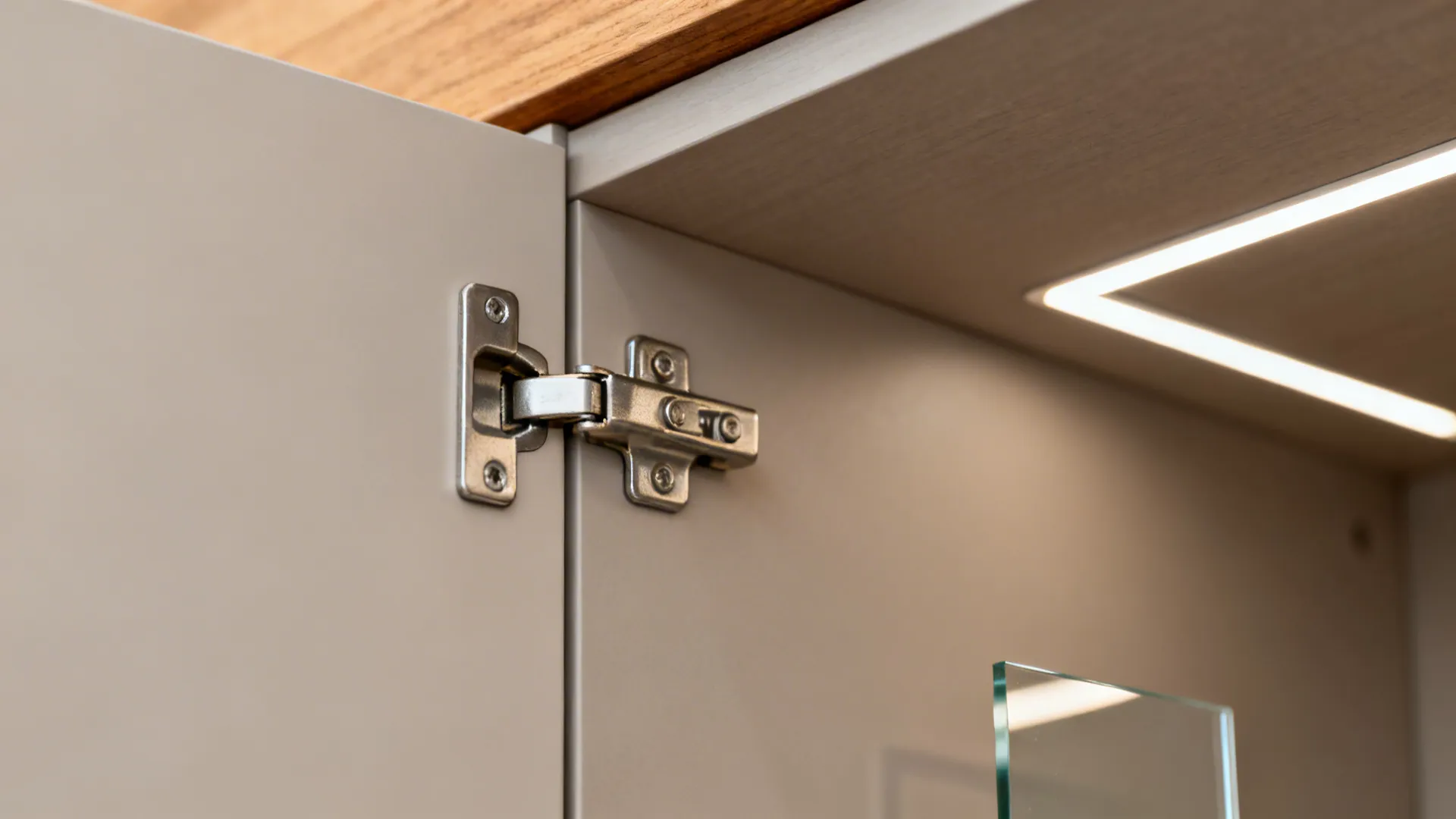 Close-up of soft-close hinge on matte cabinet with LED glow and glass sample nearby.