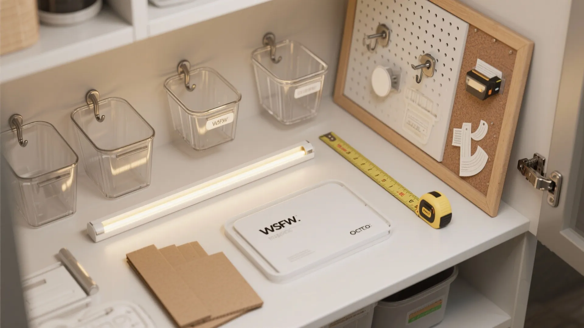 White cabinet shelf with light fixture, measuring tape, clear plastic bins, and a small board